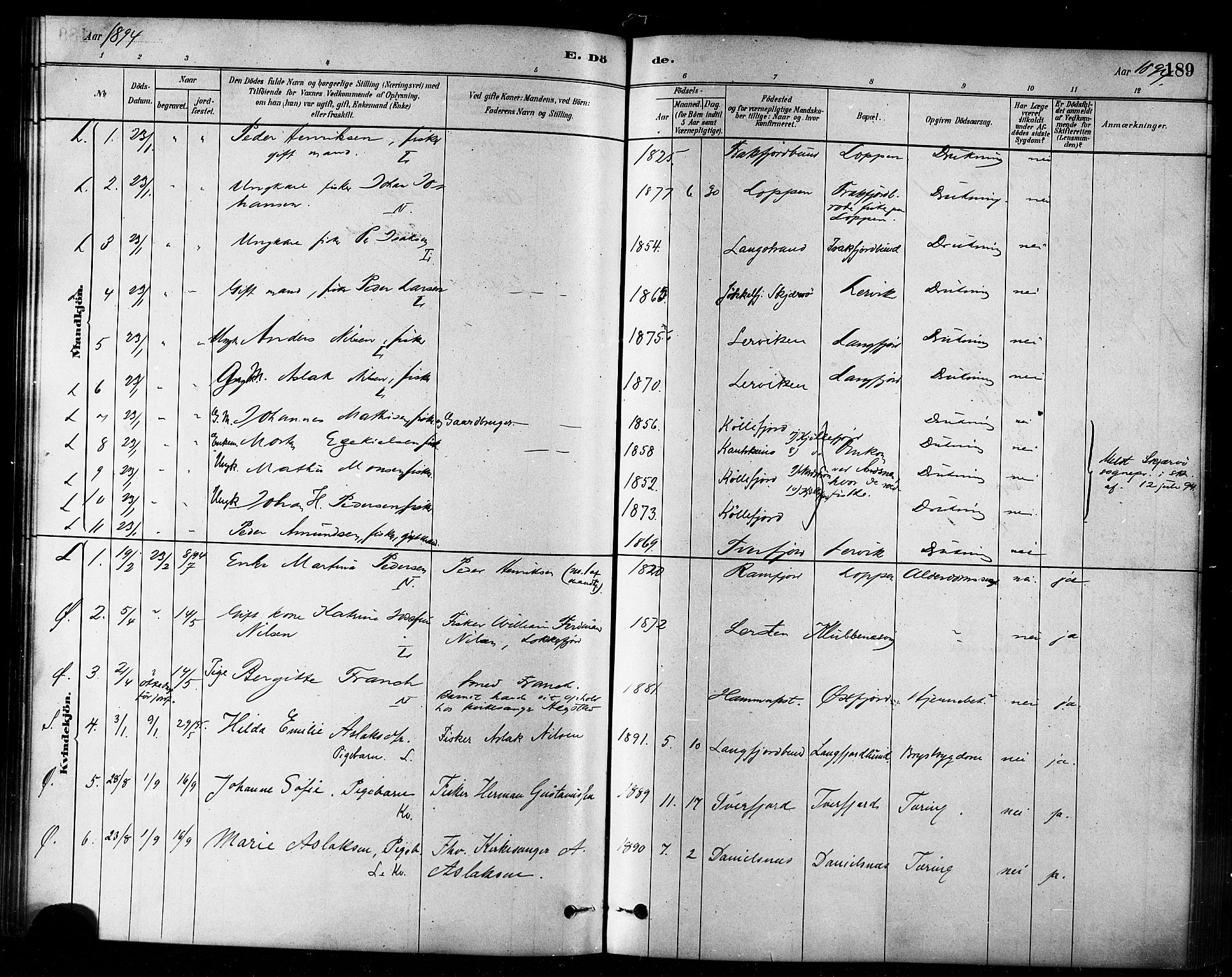 Loppa sokneprestkontor, AV/SATØ-S-1339/H/Ha/L0006kirke: Parish register (official) no. 6, 1879-1895, p. 189
