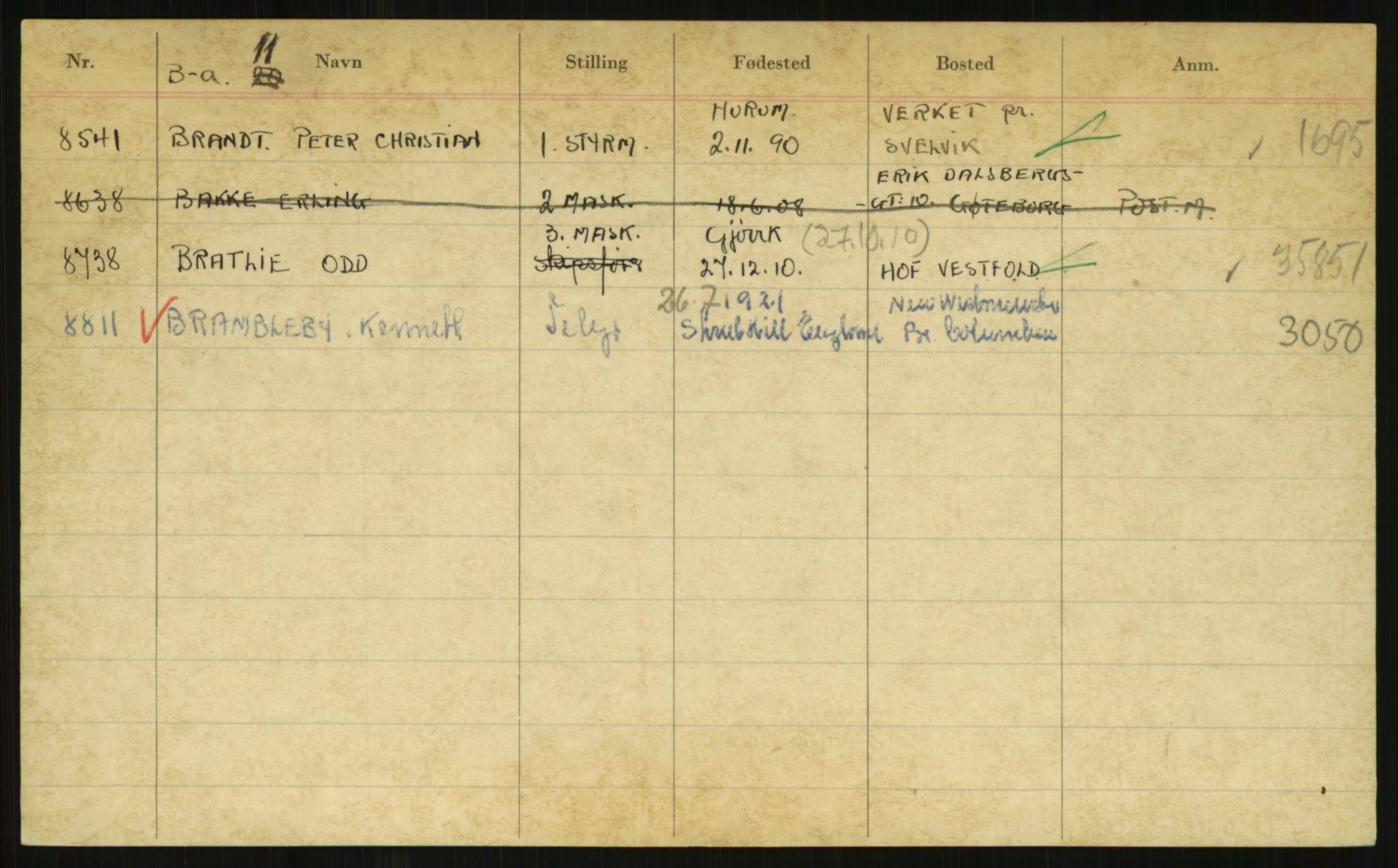 Direktoratet for sjømenn, AV/RA-S-3545/G/Gi/L0002: Alfabetisk ordnet register over krigsdekorasjoner tildelt nordmenn under krigen, A - J, 1940-1945, p. 153