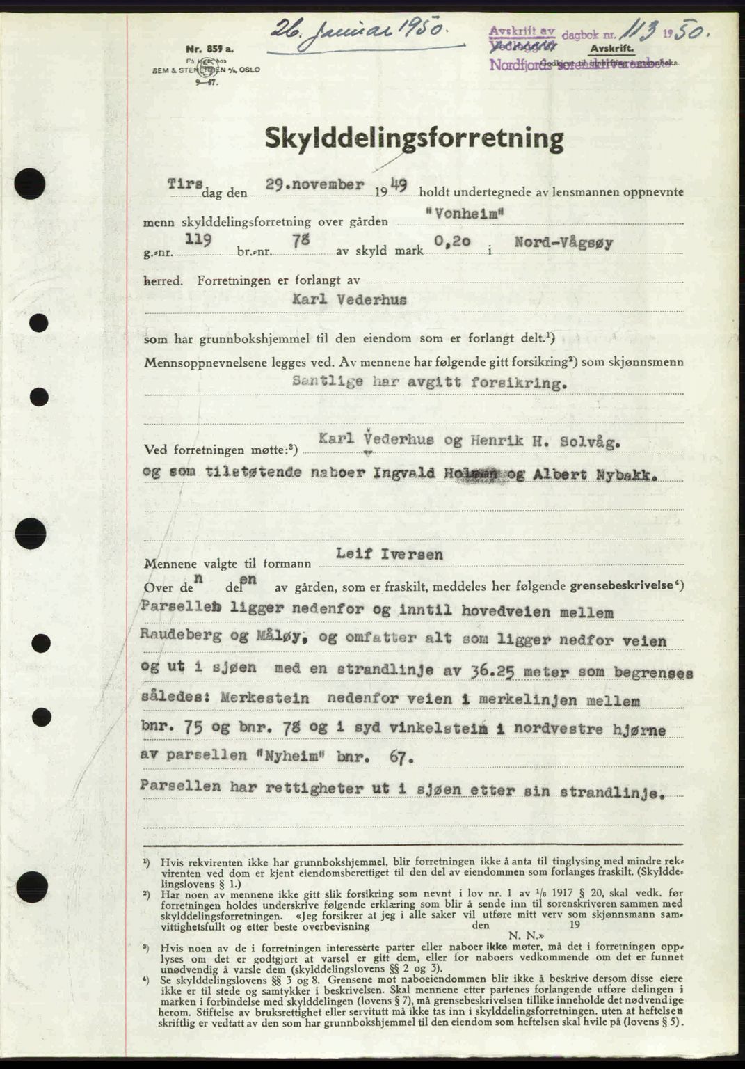 Nordfjord sorenskriveri, SAB/A-2801/02/02b/02bj/L0016a: Mortgage book no. A16 I, 1949-1950, Diary no: : 113/1950