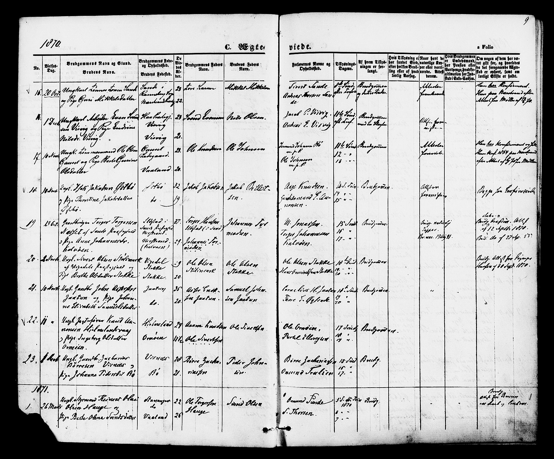 Hetland sokneprestkontor, SAST/A-101826/30/30BA/L0005: Parish register (official) no. A 5, 1869-1884, p. 9