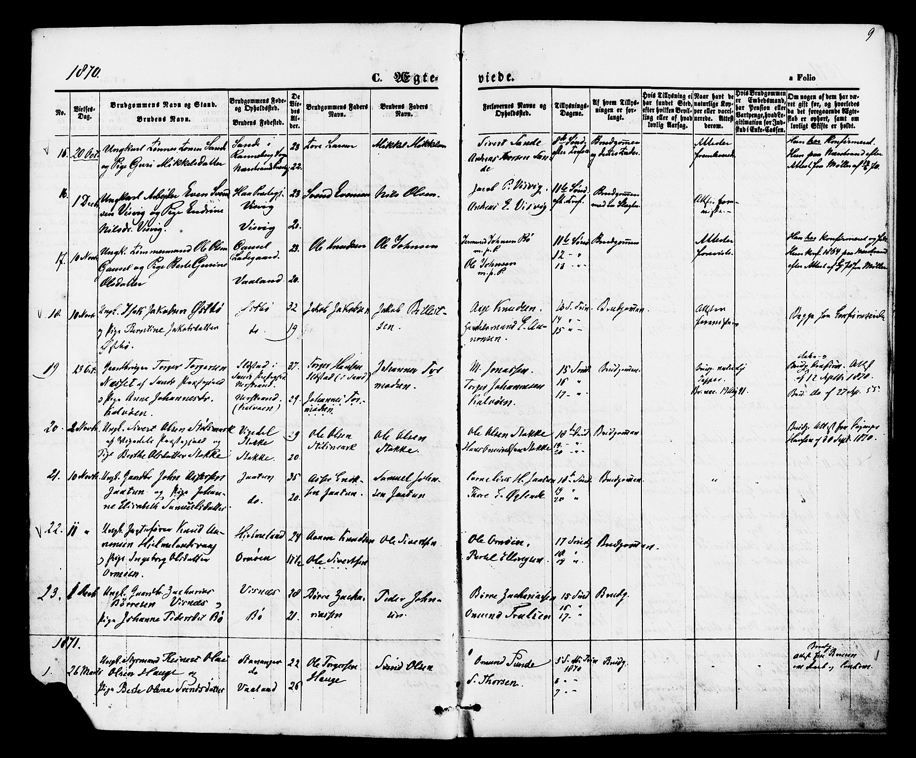 Hetland sokneprestkontor, AV/SAST-A-101826/30/30BA/L0005: Parish register (official) no. A 5, 1869-1884, p. 9