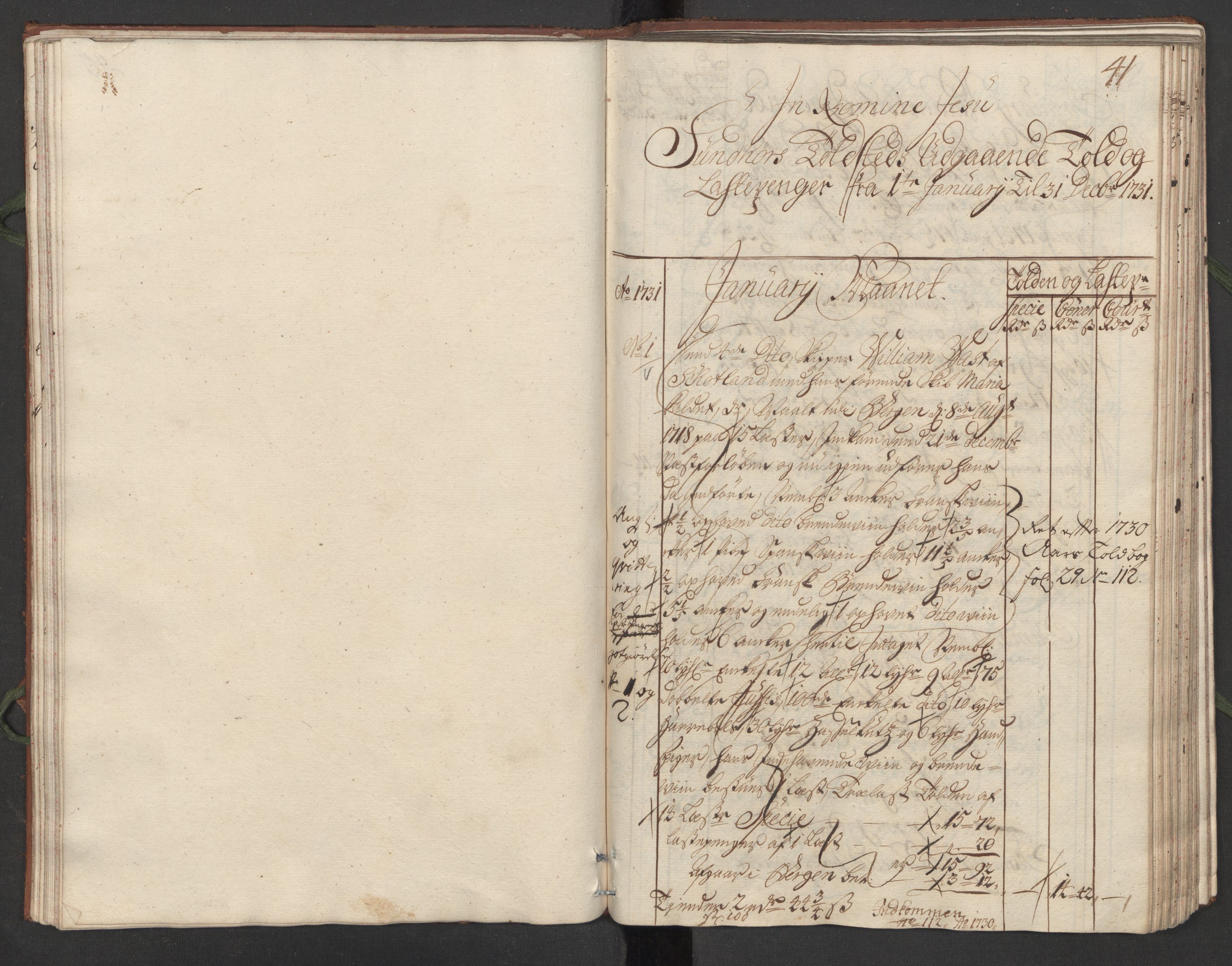 Generaltollkammeret, tollregnskaper, RA/EA-5490/R24/L0008/0001: Tollregnskaper Sunnhordland / Hovedtollbok, 1731, p. 40b-41a