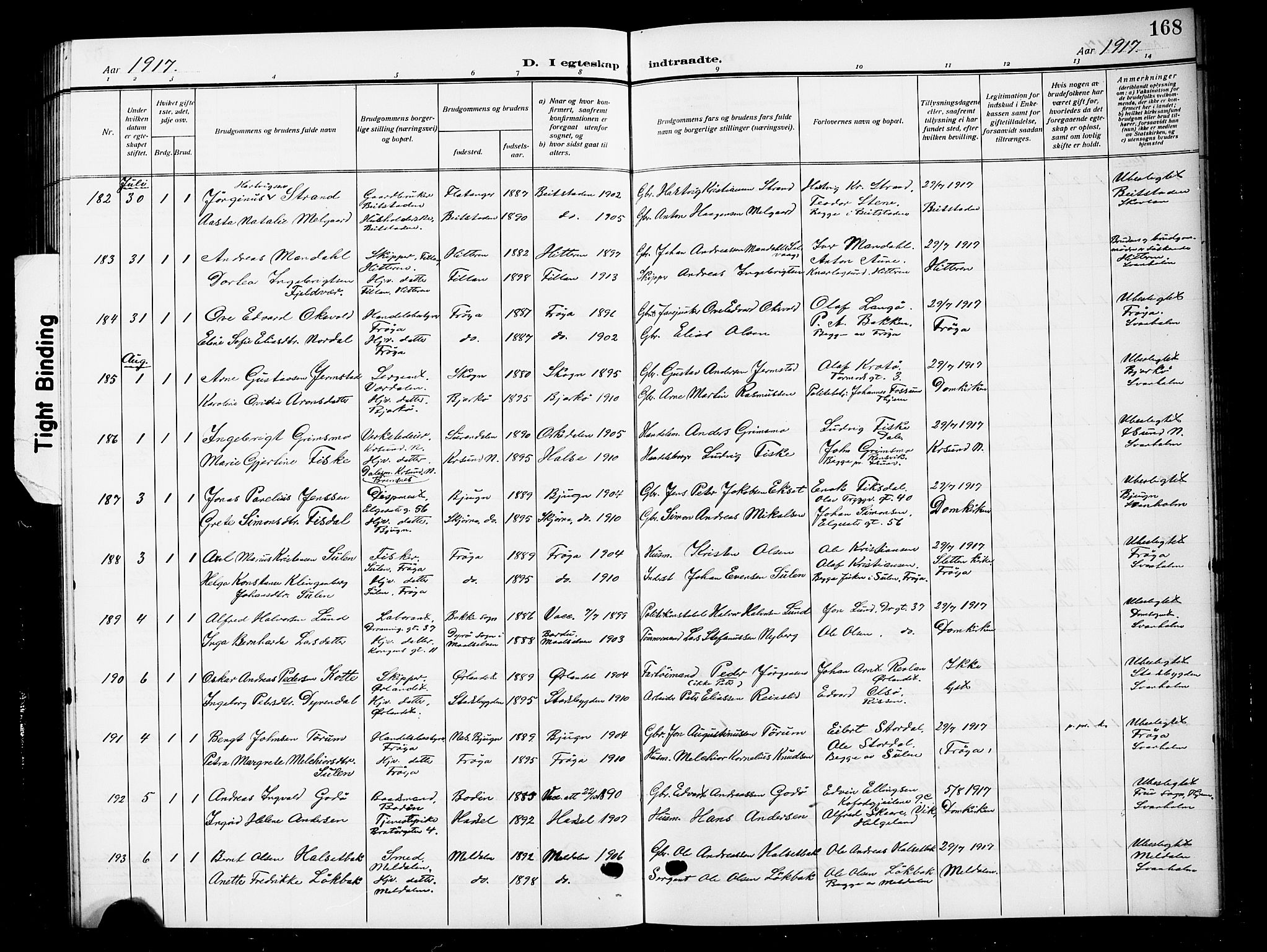 Ministerialprotokoller, klokkerbøker og fødselsregistre - Sør-Trøndelag, SAT/A-1456/601/L0097: Parish register (copy) no. 601C15, 1911-1921, p. 168