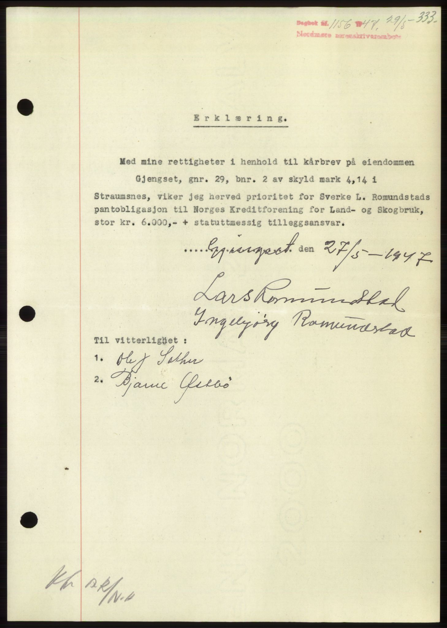 Nordmøre sorenskriveri, AV/SAT-A-4132/1/2/2Ca: Mortgage book no. B96, 1947-1947, Diary no: : 1156/1947