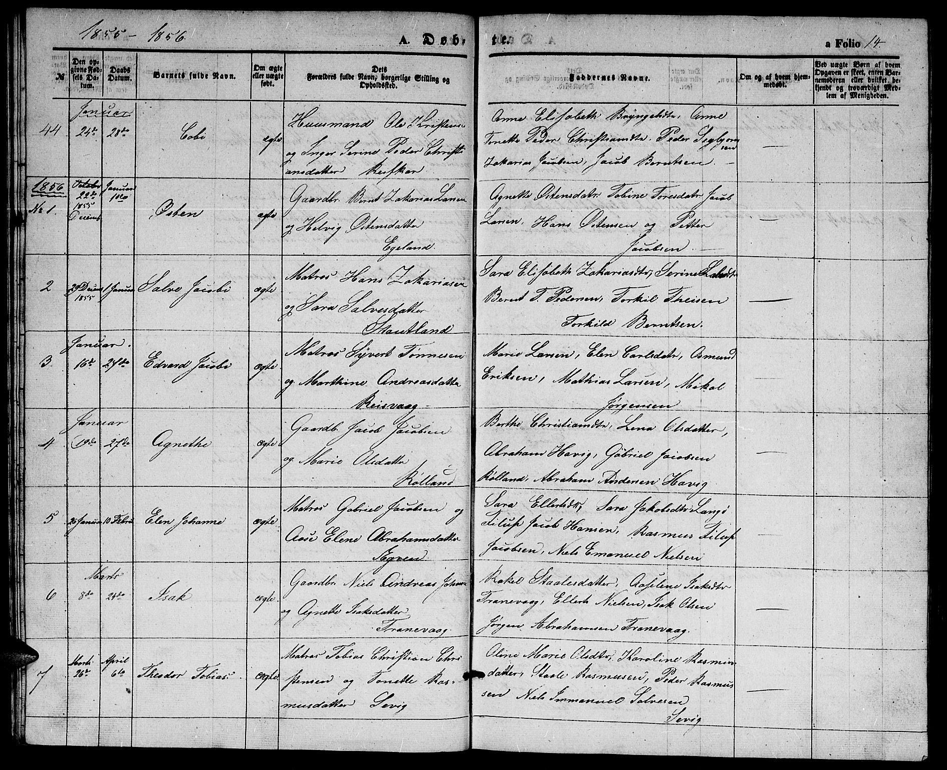 Herad sokneprestkontor, SAK/1111-0018/F/Fb/Fbb/L0002: Parish register (copy) no. B 2, 1853-1871, p. 14