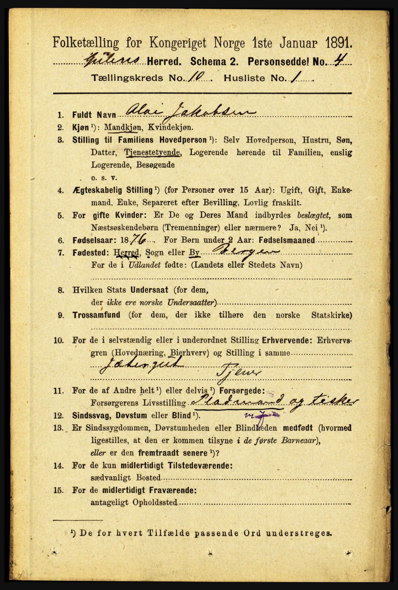 RA, 1891 census for 1411 Gulen, 1891, p. 3309