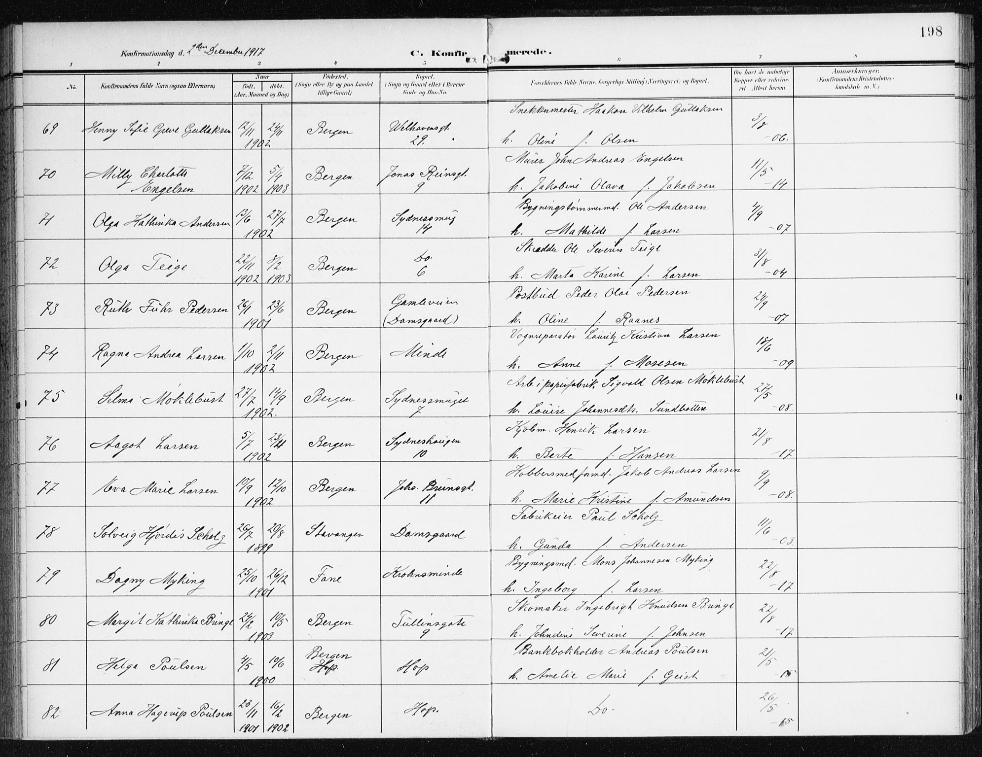 Johanneskirken sokneprestembete, AV/SAB-A-76001/H/Haa/L0009: Parish register (official) no. C 2, 1907-1924, p. 198