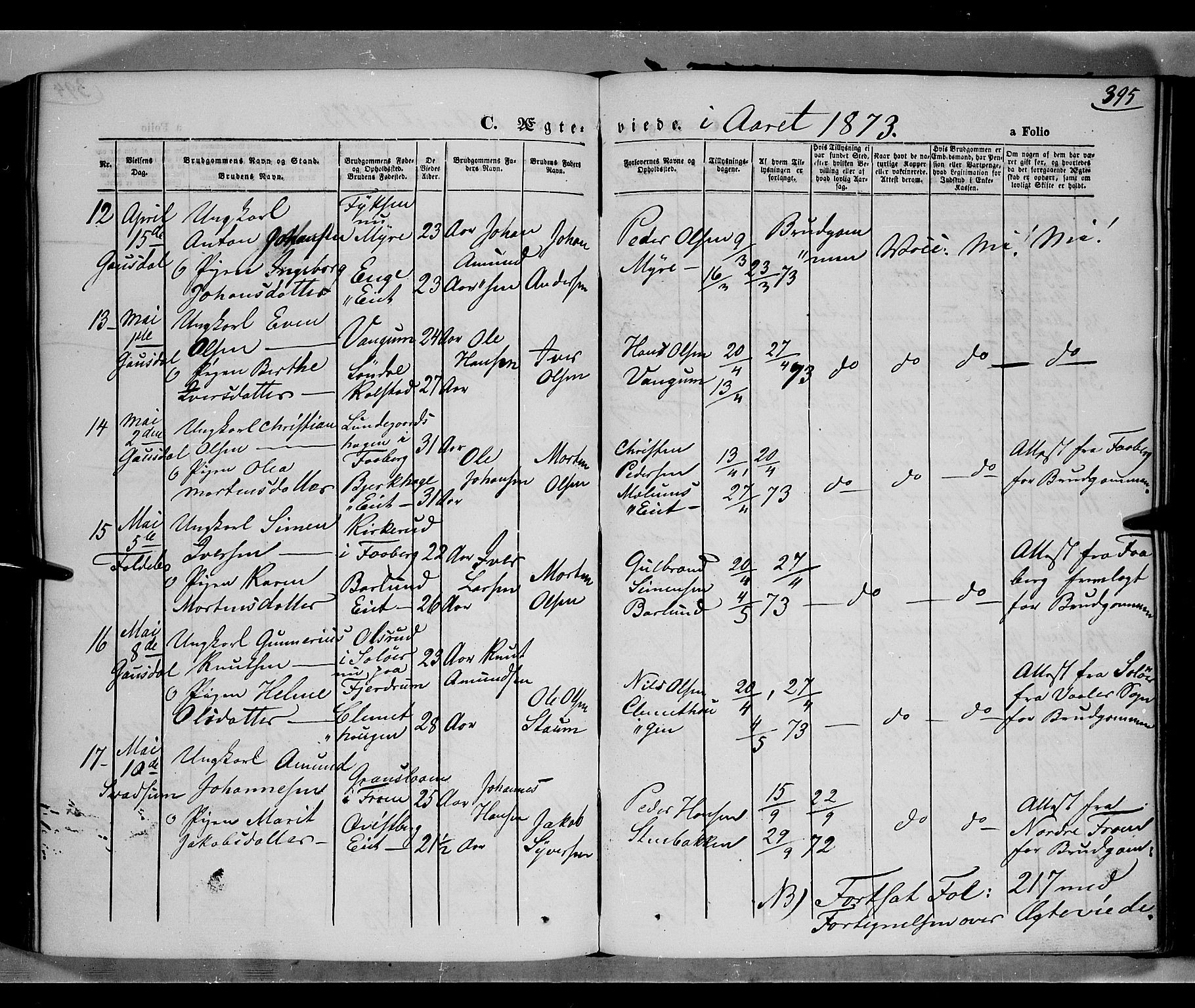 Gausdal prestekontor, AV/SAH-PREST-090/H/Ha/Haa/L0009: Parish register (official) no. 9, 1862-1873, p. 395