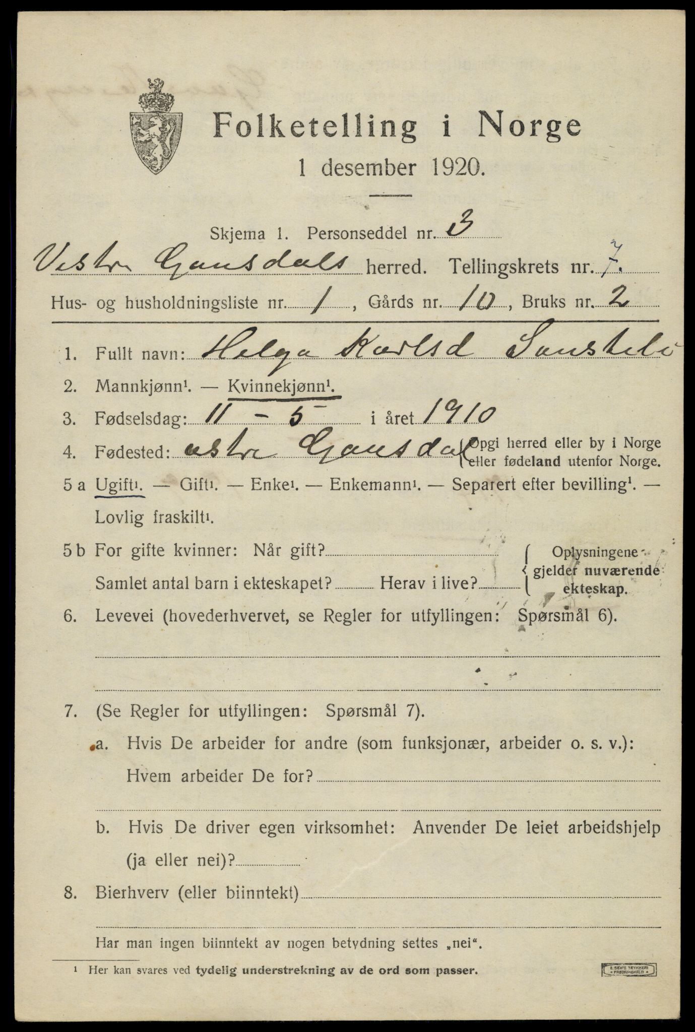 SAH, 1920 census for Vestre Gausdal, 1920, p. 5341