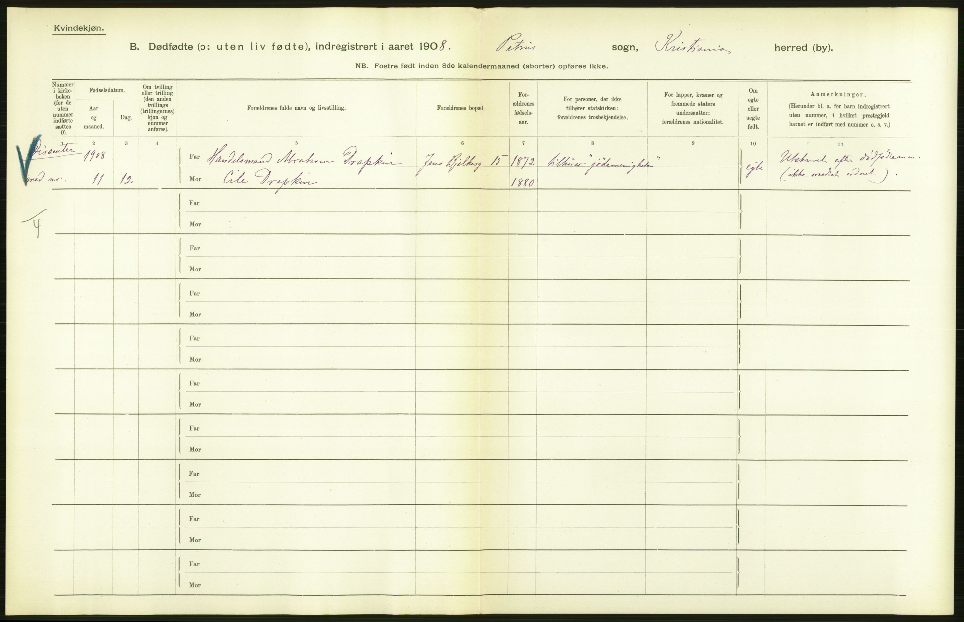 Statistisk sentralbyrå, Sosiodemografiske emner, Befolkning, AV/RA-S-2228/D/Df/Dfa/Dfaf/L0009: Kristiania: Døde, dødfødte., 1908, p. 416