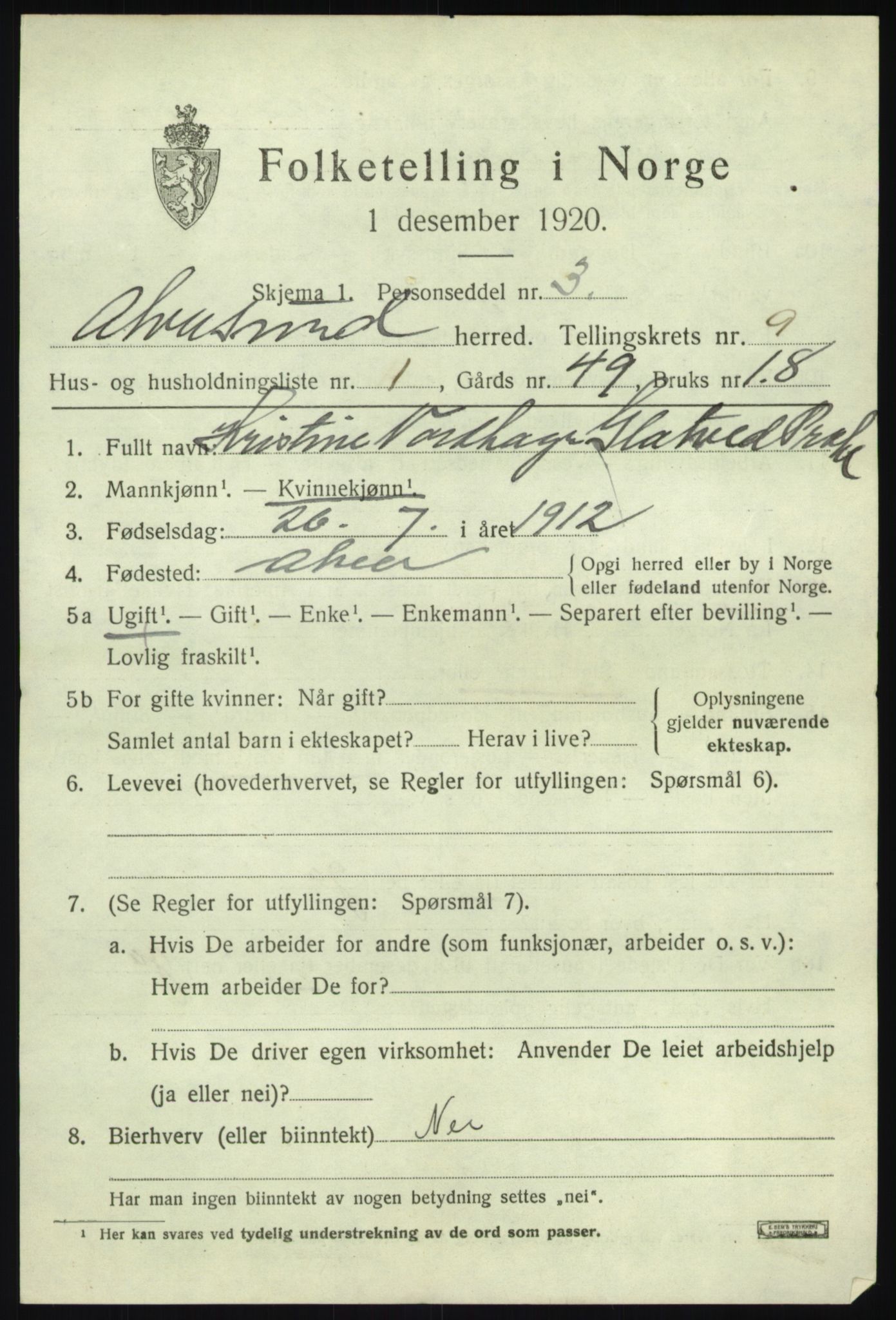 SAB, 1920 census for Alversund, 1920, p. 5314