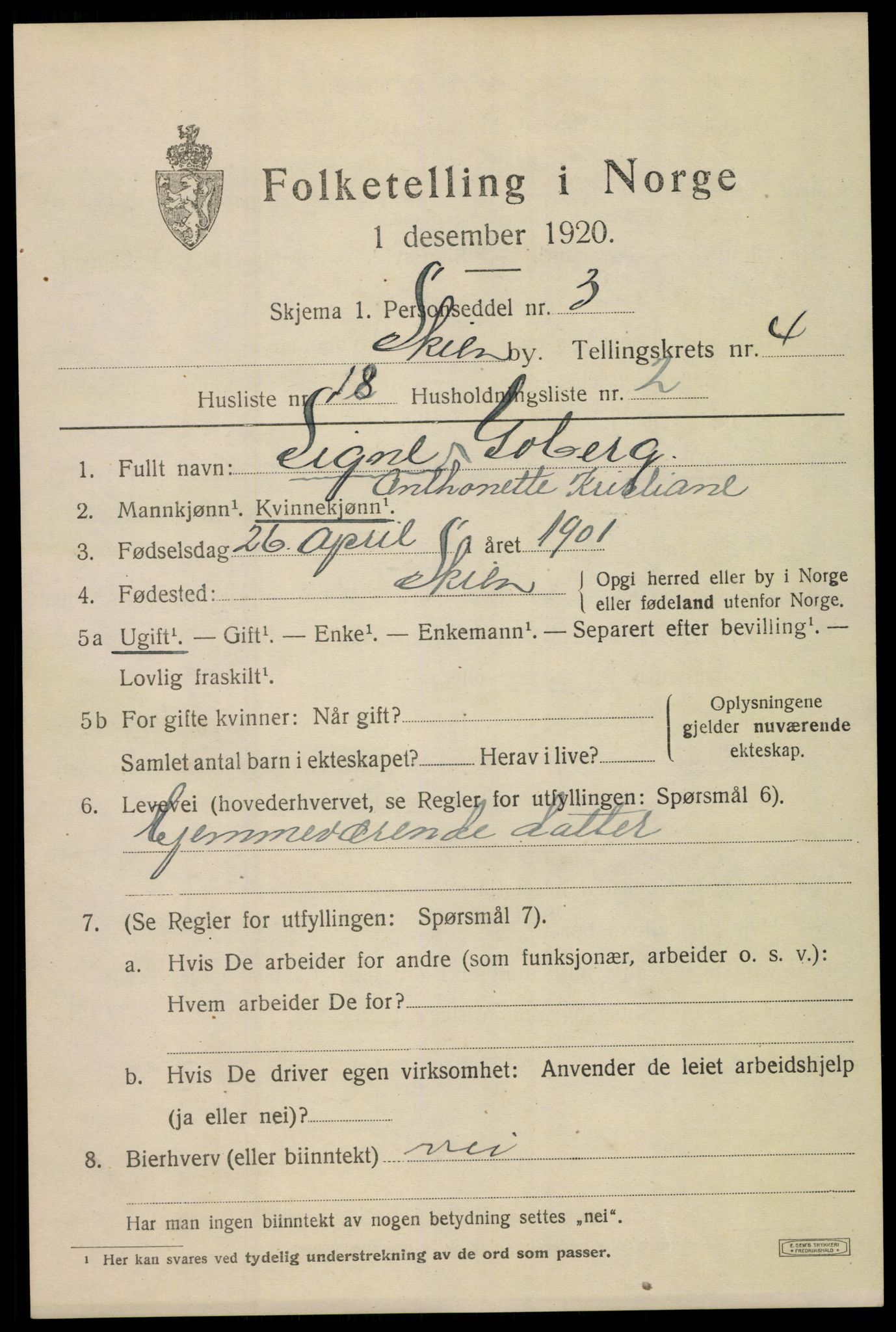 SAKO, 1920 census for Skien, 1920, p. 16930