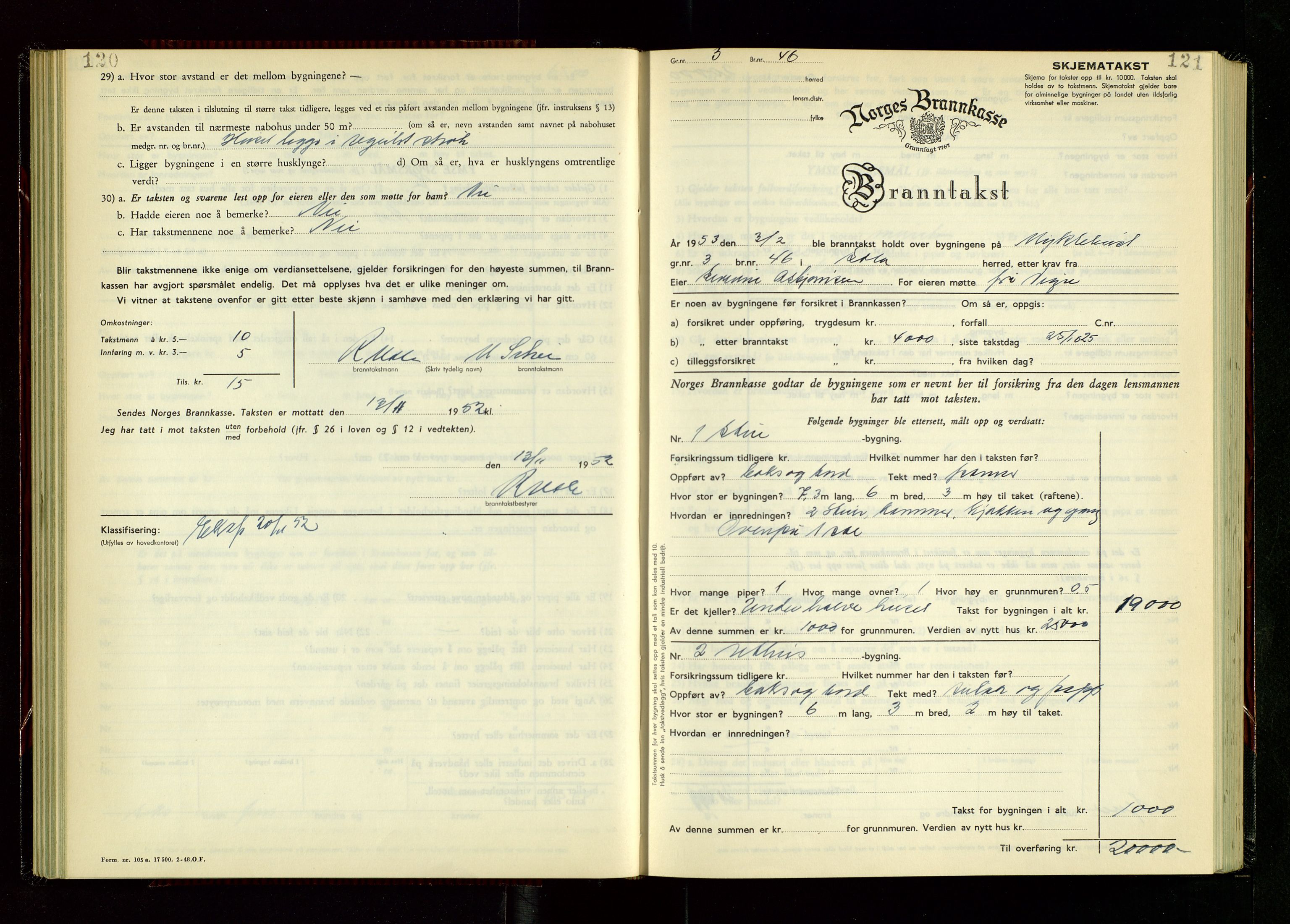 Håland lensmannskontor, AV/SAST-A-100100/Gob/L0014: "Branntakstprotokoll" - skjematakst, 1951-1955, p. 120-121