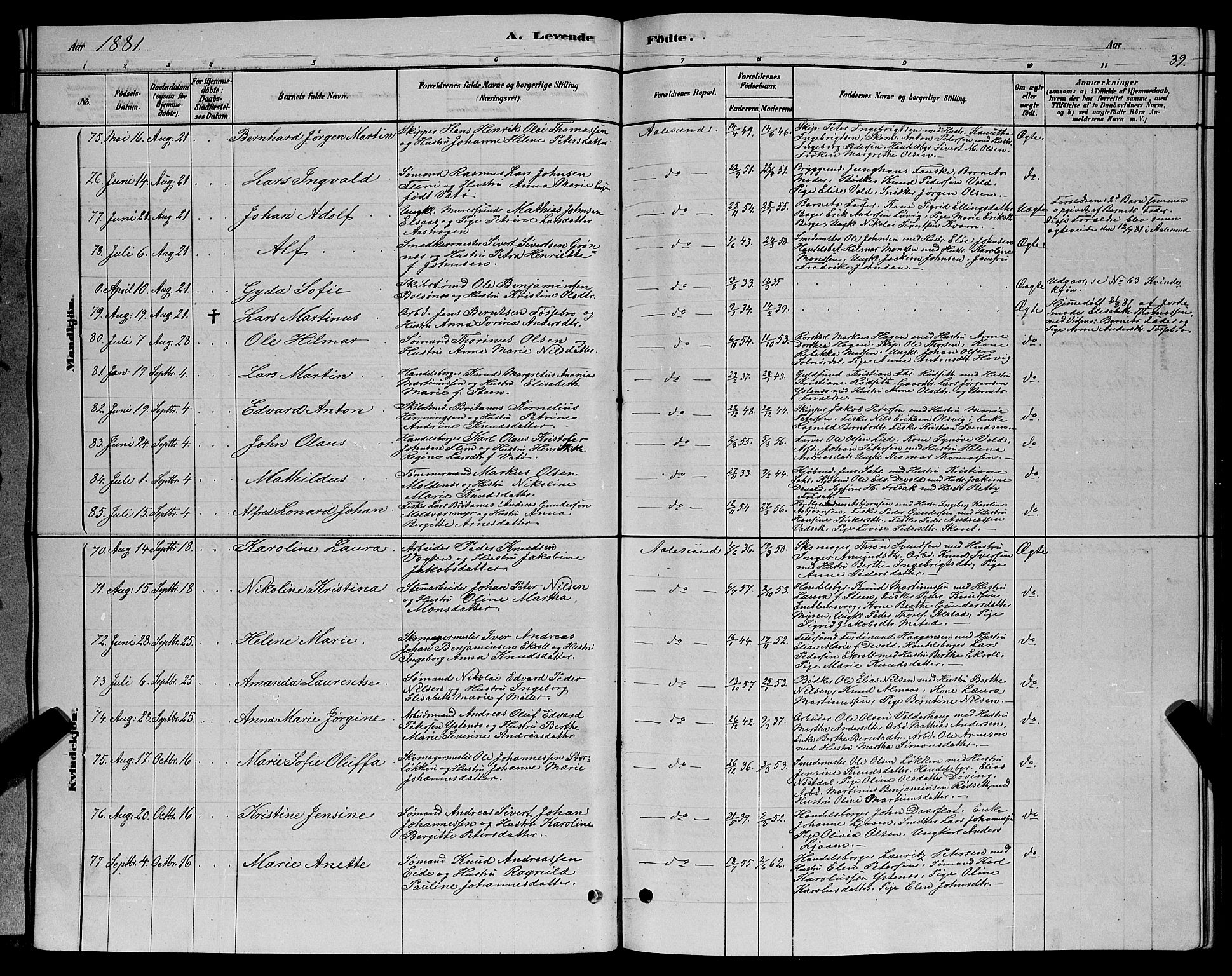 Ministerialprotokoller, klokkerbøker og fødselsregistre - Møre og Romsdal, AV/SAT-A-1454/529/L0466: Parish register (copy) no. 529C03, 1878-1888, p. 39