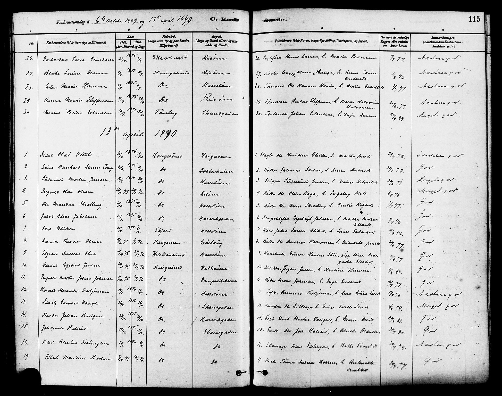 Haugesund sokneprestkontor, AV/SAST-A -101863/H/Ha/Haa/L0003: Parish register (official) no. A 3, 1885-1890, p. 115