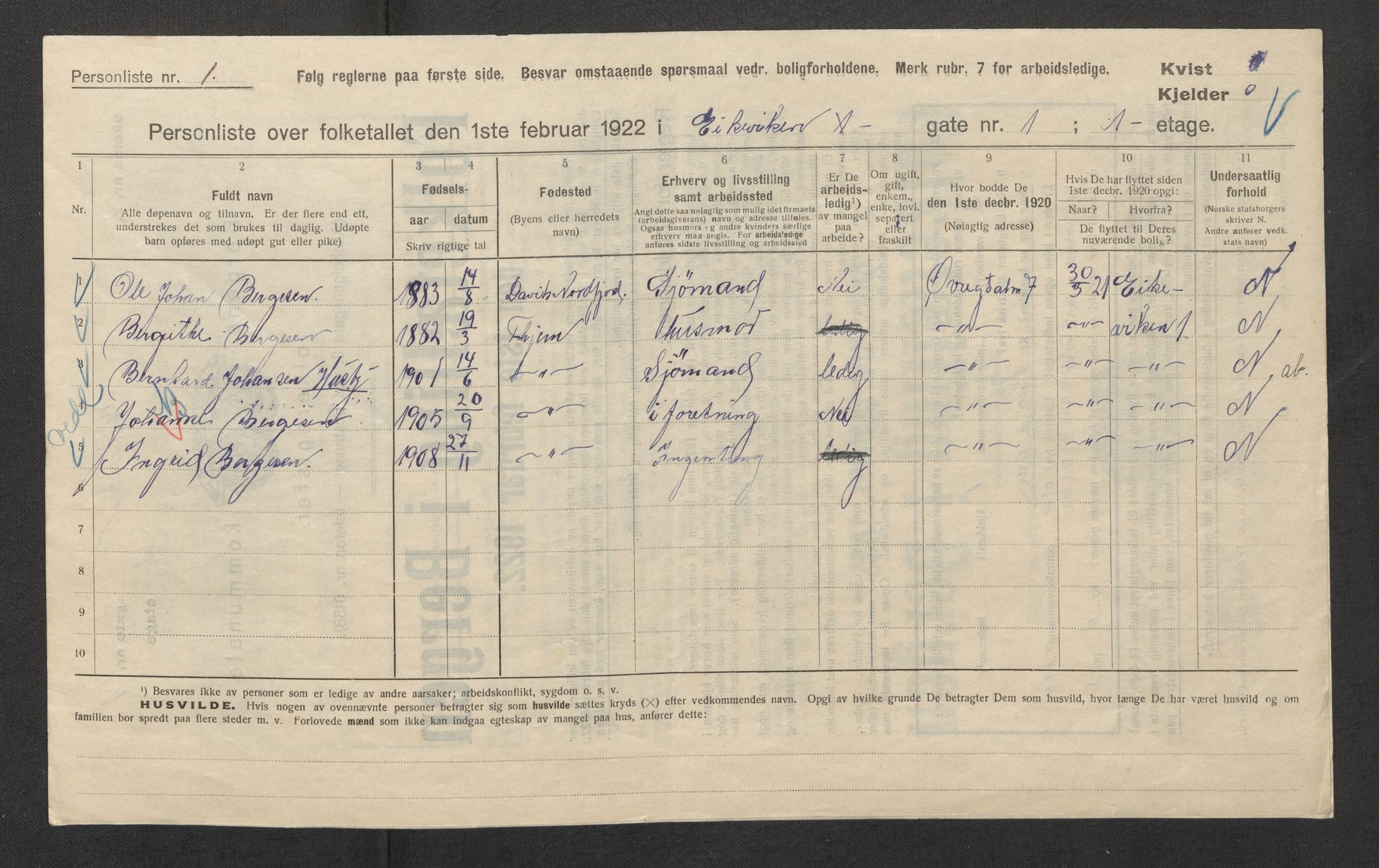 SAB, Municipal Census 1922 for Bergen, 1922, p. 6635