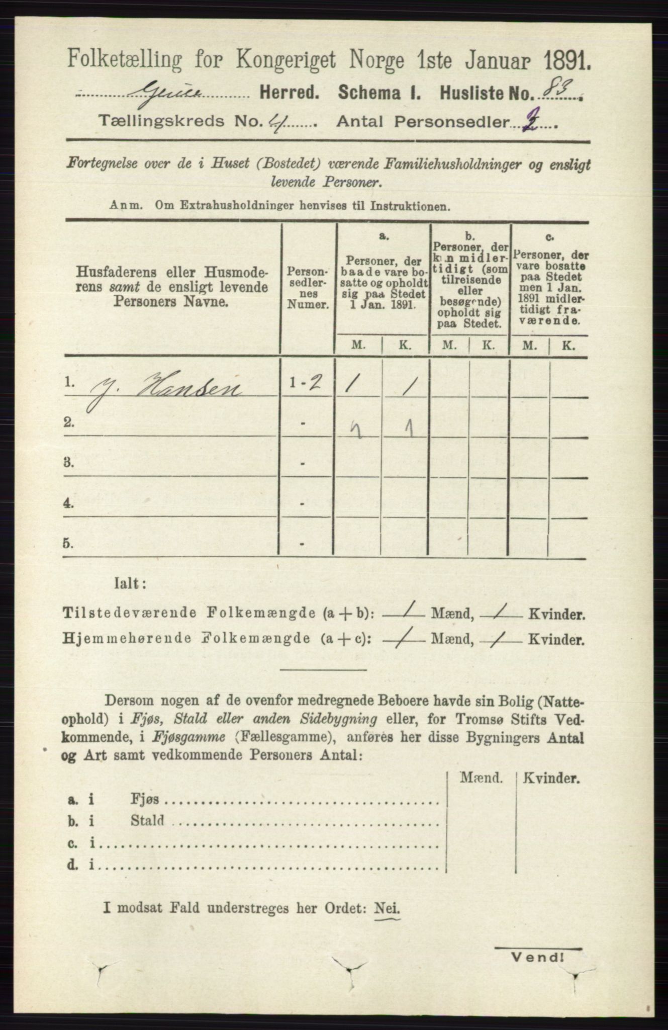 RA, 1891 census for 0423 Grue, 1891, p. 2096