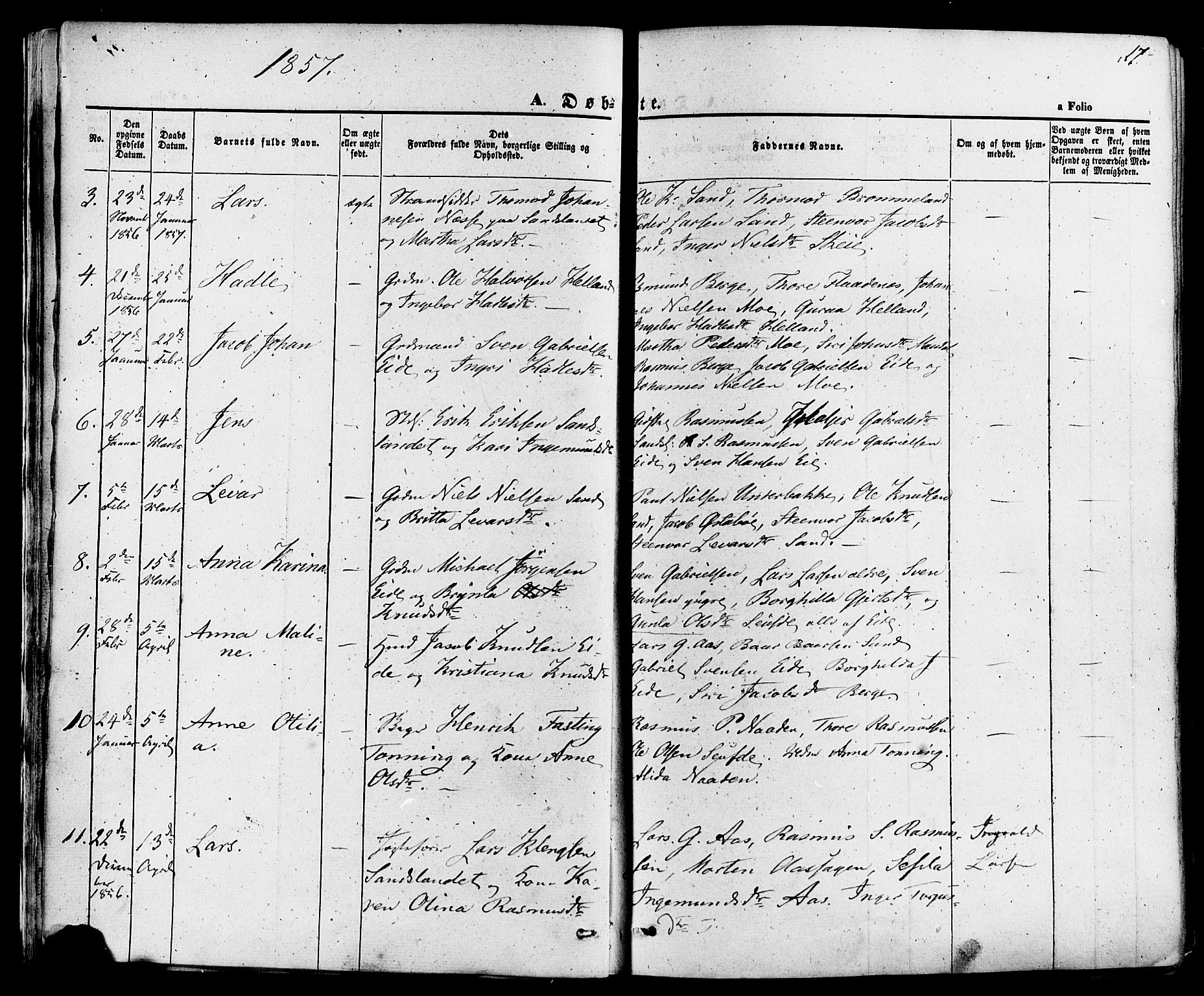 Sand sokneprestkontor, AV/SAST-A-101848/01/III/L0003: Parish register (official) no. A 3, 1854-1879, p. 17