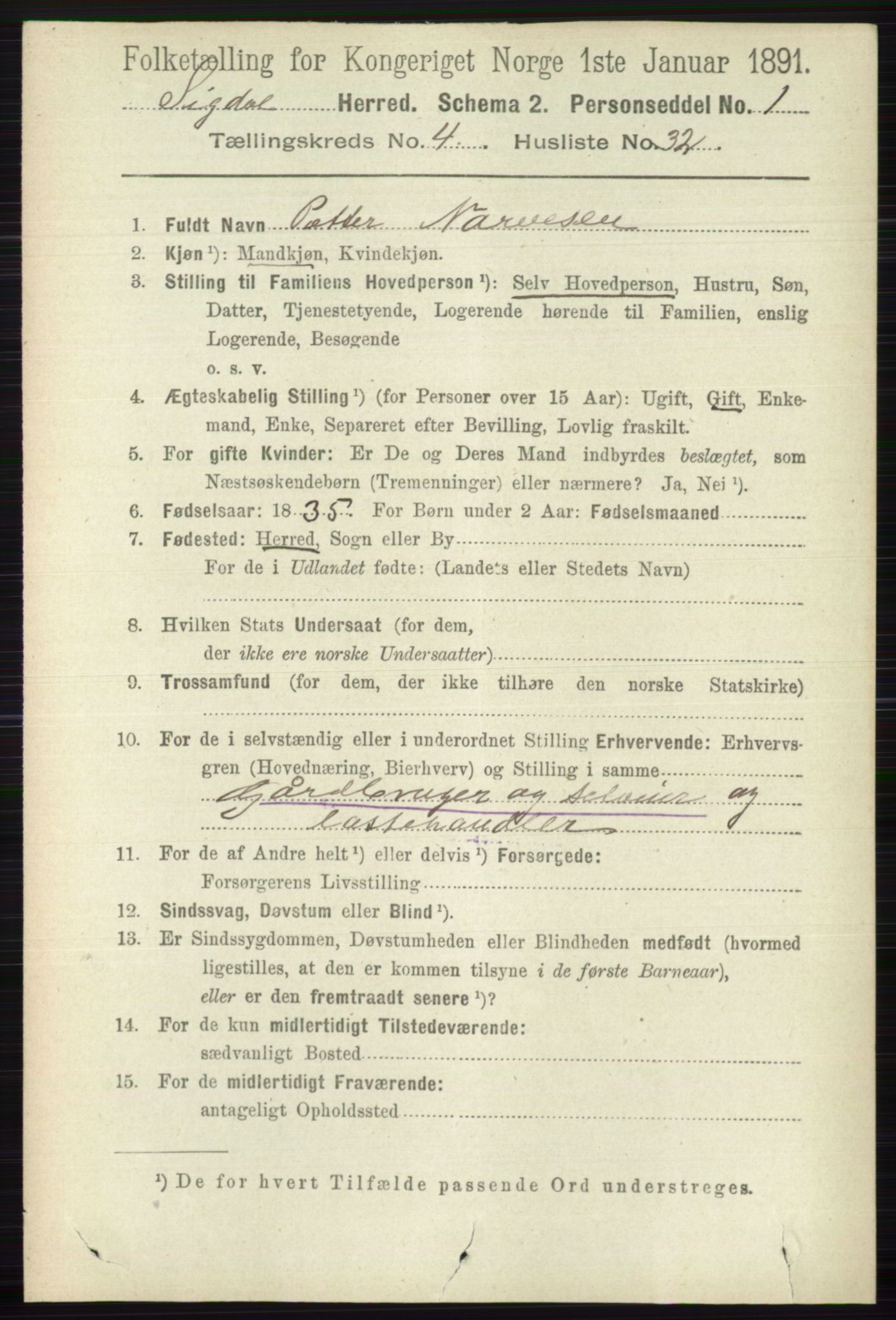 RA, 1891 census for 0621 Sigdal, 1891, p. 1837