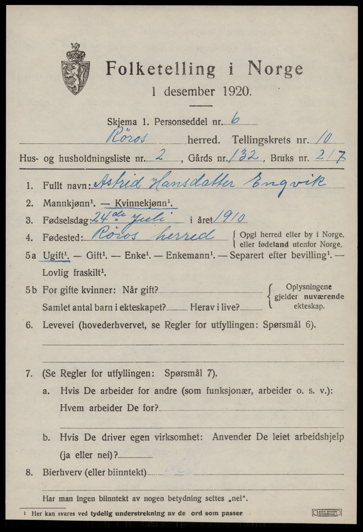 SAT, 1920 census for Røros, 1920, p. 8192