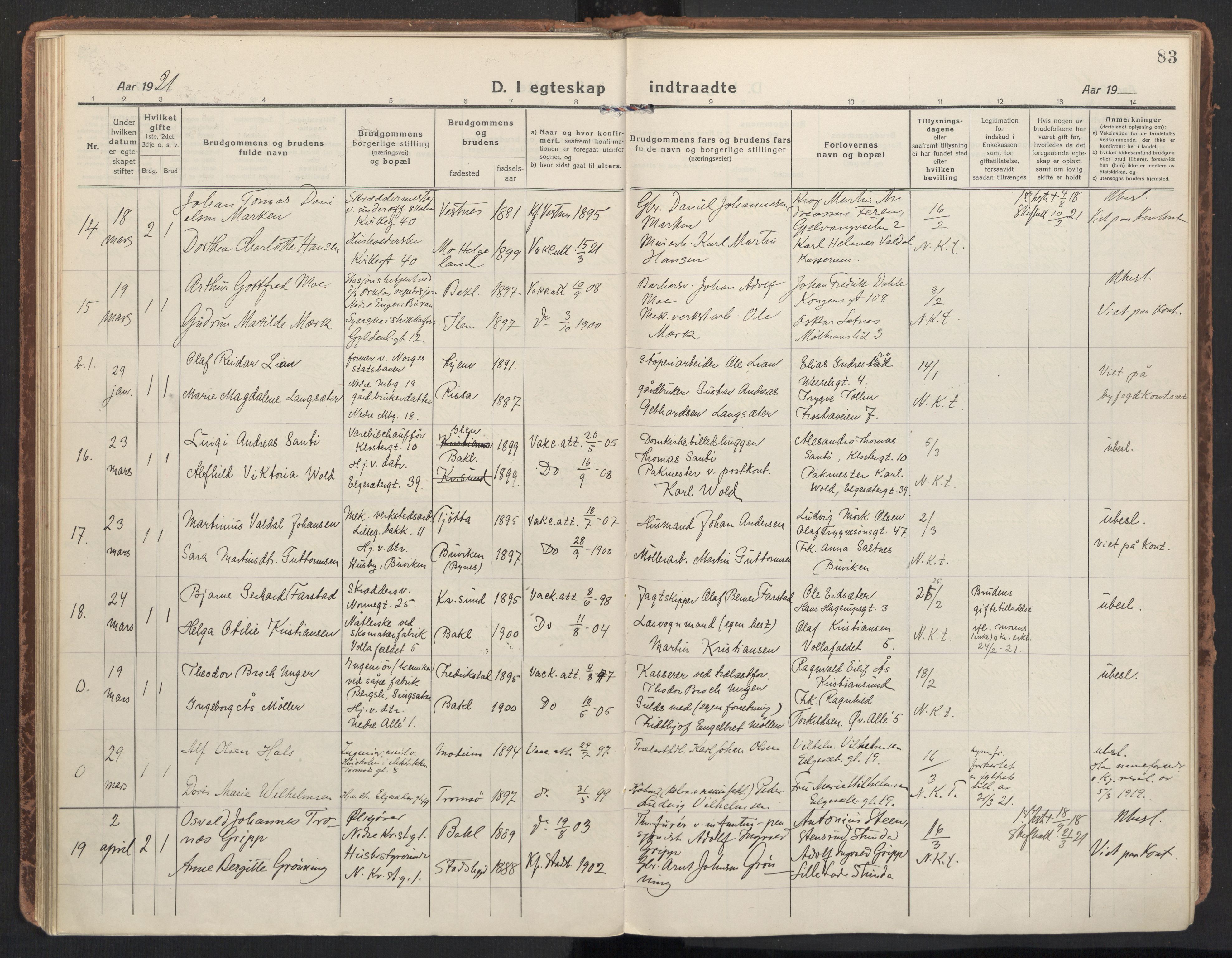 Ministerialprotokoller, klokkerbøker og fødselsregistre - Sør-Trøndelag, AV/SAT-A-1456/604/L0206: Parish register (official) no. 604A26, 1917-1931, p. 83