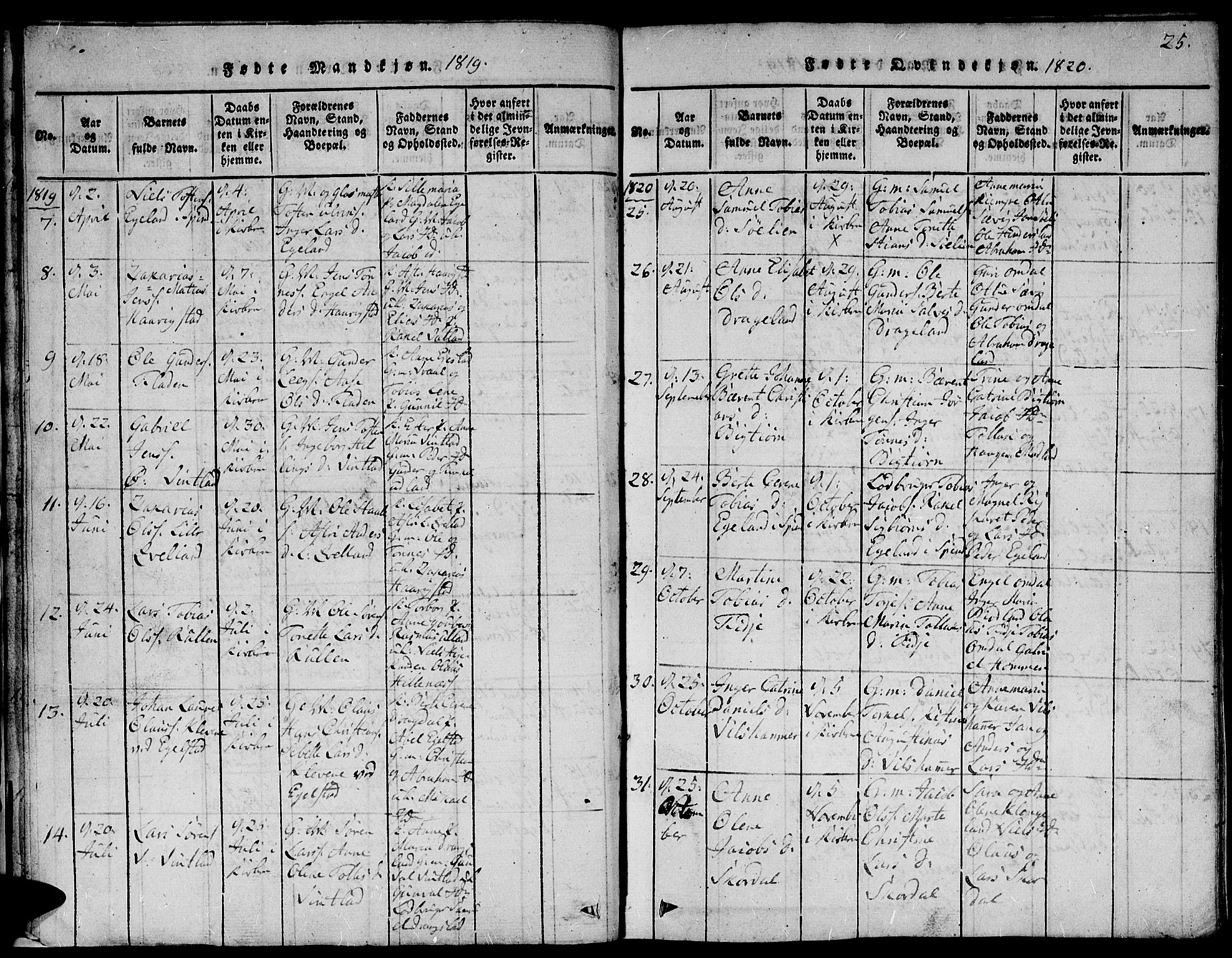 Lyngdal sokneprestkontor, AV/SAK-1111-0029/F/Fb/Fbc/L0001: Parish register (copy) no. B 1, 1815-1844, p. 25