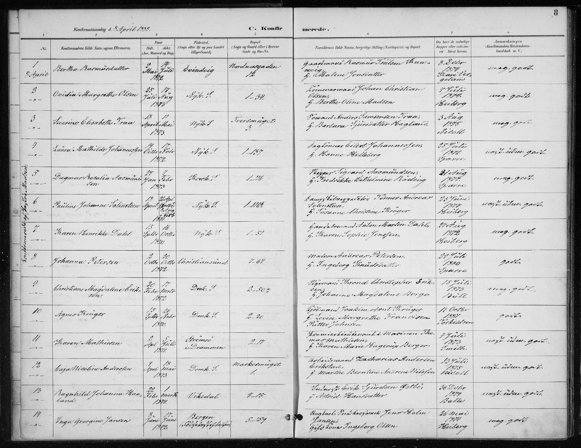 Nykirken Sokneprestembete, SAB/A-77101/H/Haa/L0028: Parish register (official) no. C 7, 1887-1913, p. 8