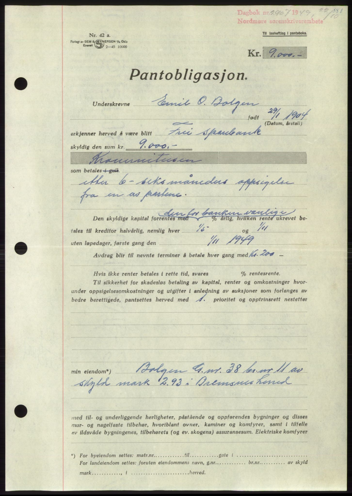 Nordmøre sorenskriveri, AV/SAT-A-4132/1/2/2Ca: Mortgage book no. B102, 1949-1949, Diary no: : 2907/1949