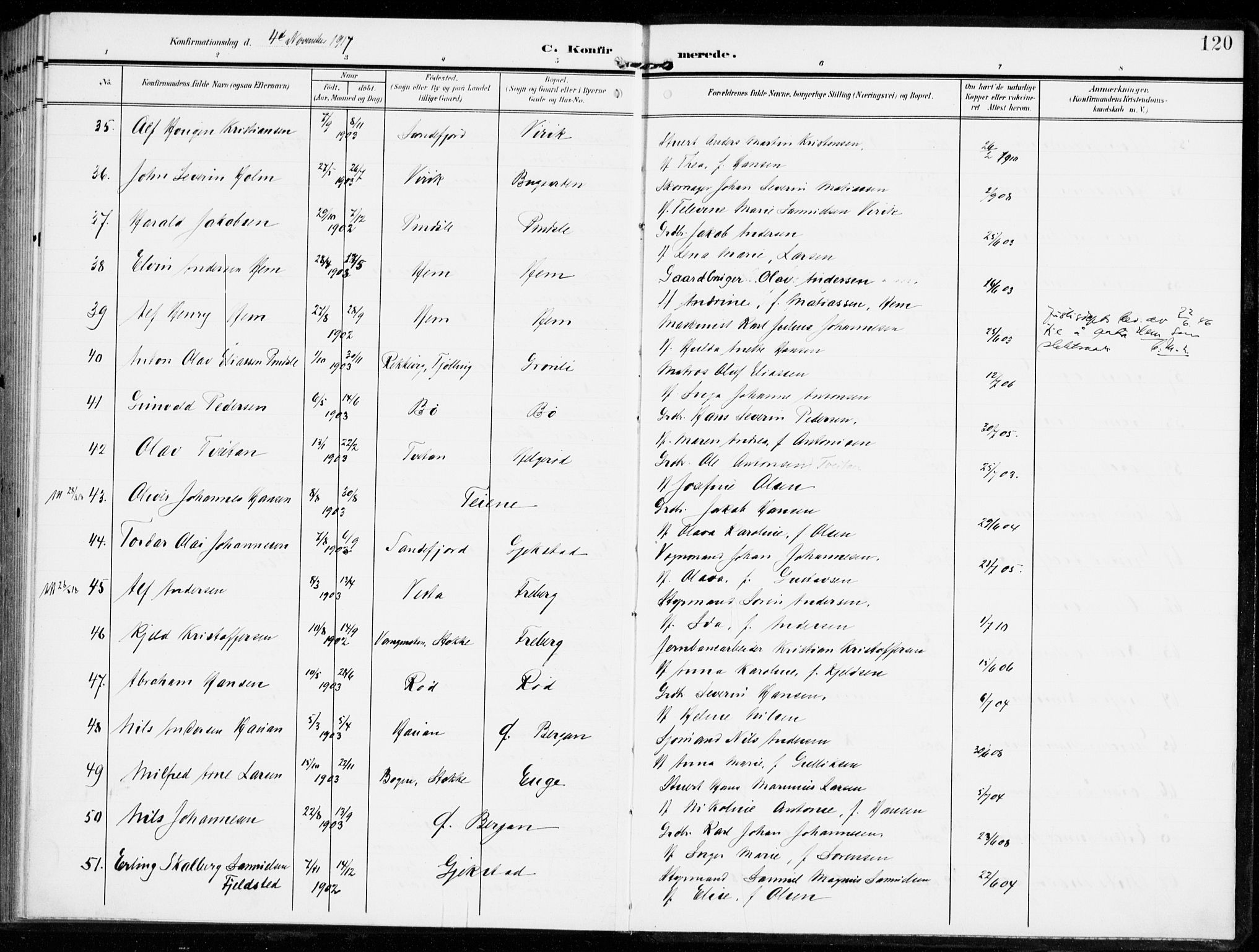 Sandar kirkebøker, AV/SAKO-A-243/F/Fa/L0017: Parish register (official) no. 17, 1907-1917, p. 120