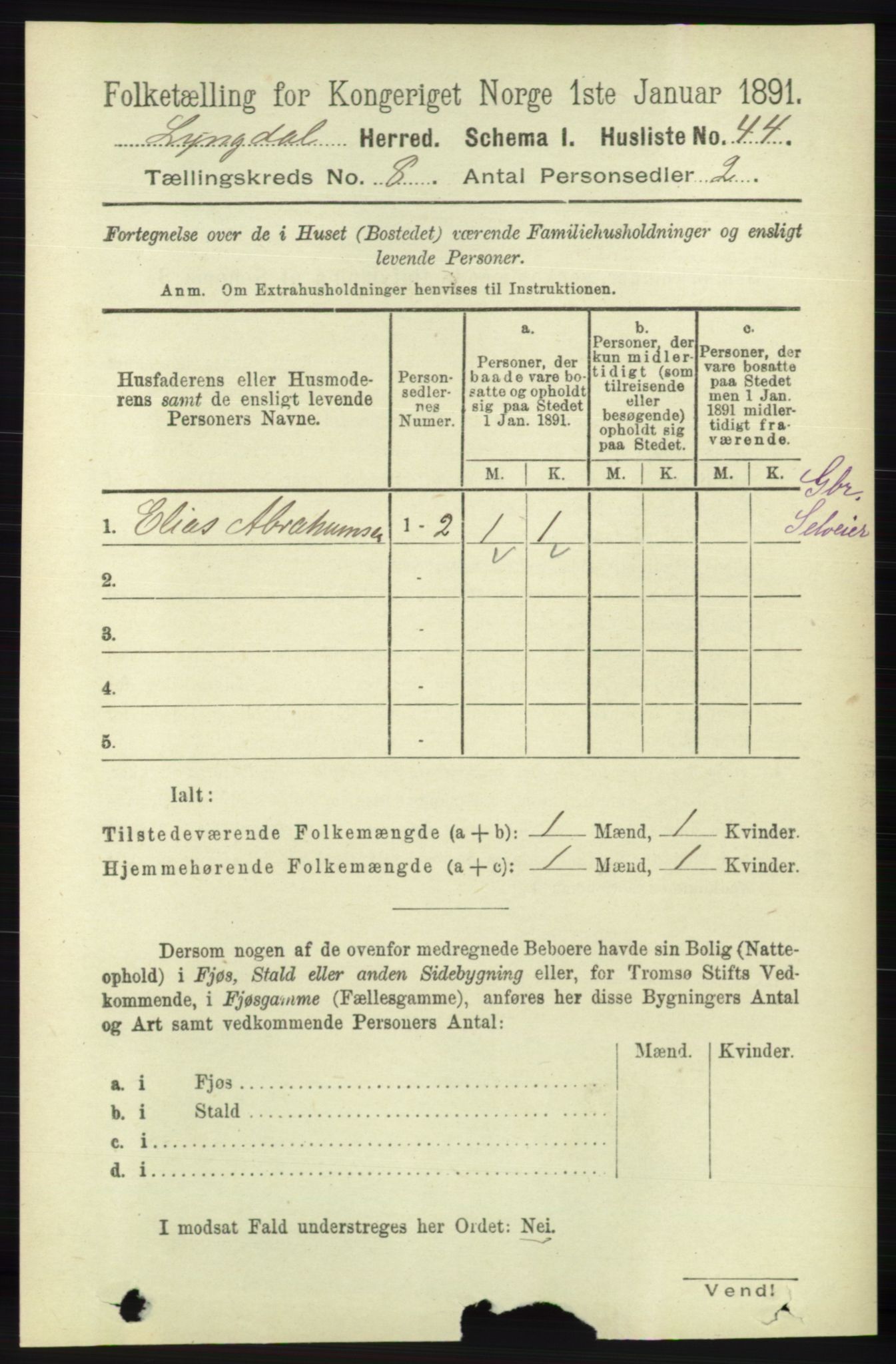 RA, 1891 census for 1032 Lyngdal, 1891, p. 3372