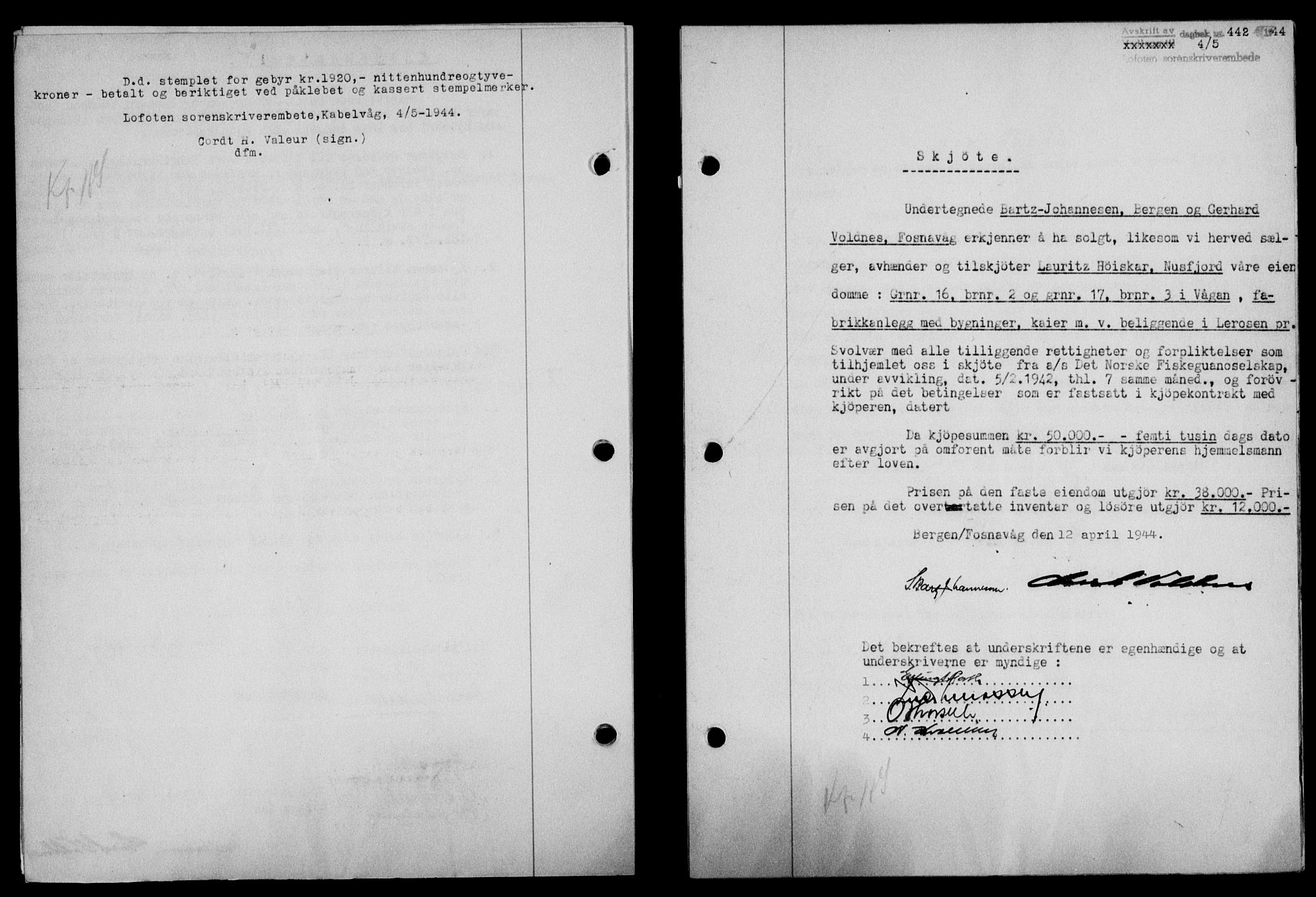 Lofoten sorenskriveri, SAT/A-0017/1/2/2C/L0012a: Mortgage book no. 12a, 1943-1944, Diary no: : 442/1944