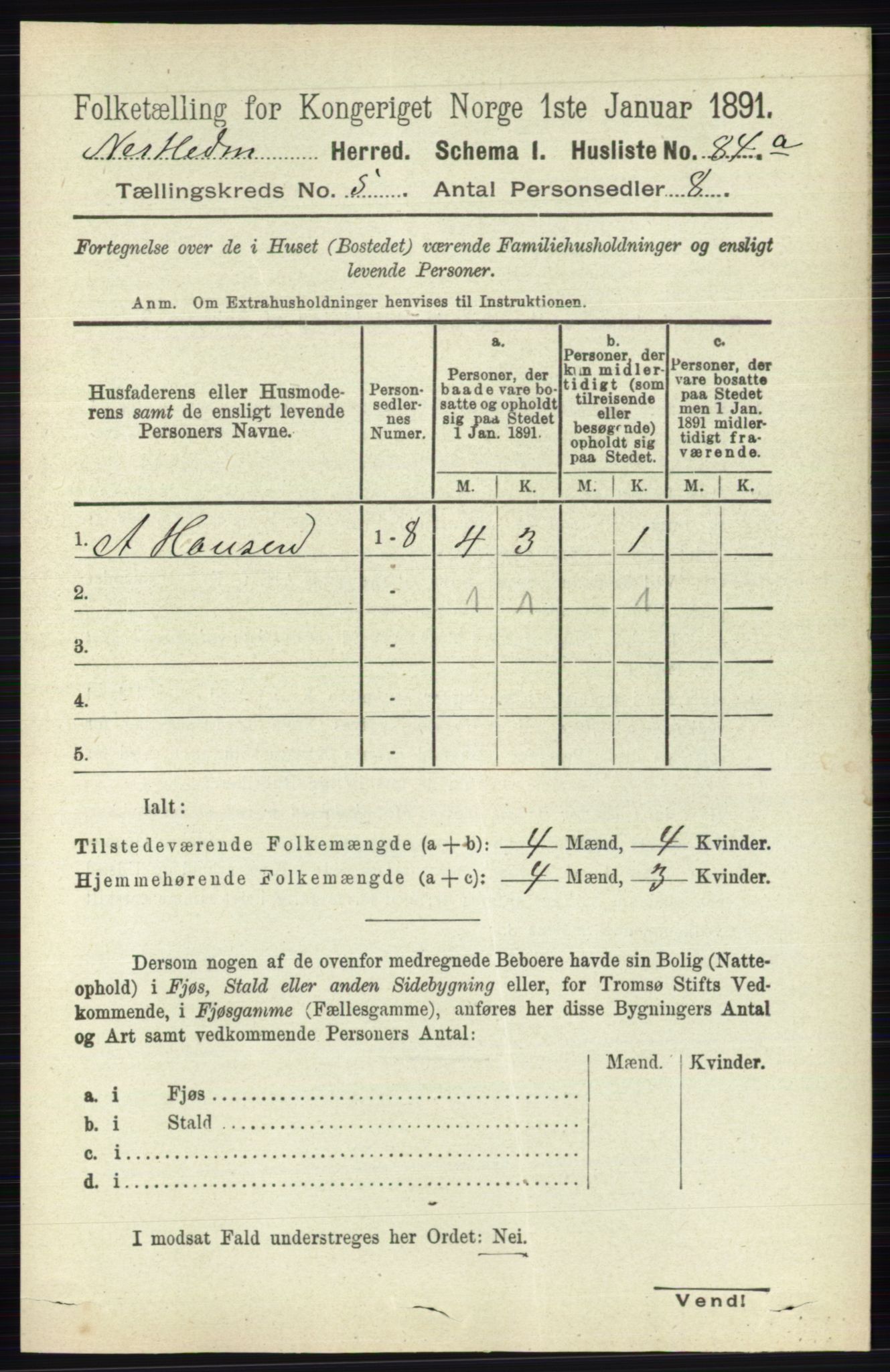 RA, 1891 census for 0411 Nes, 1891, p. 2604