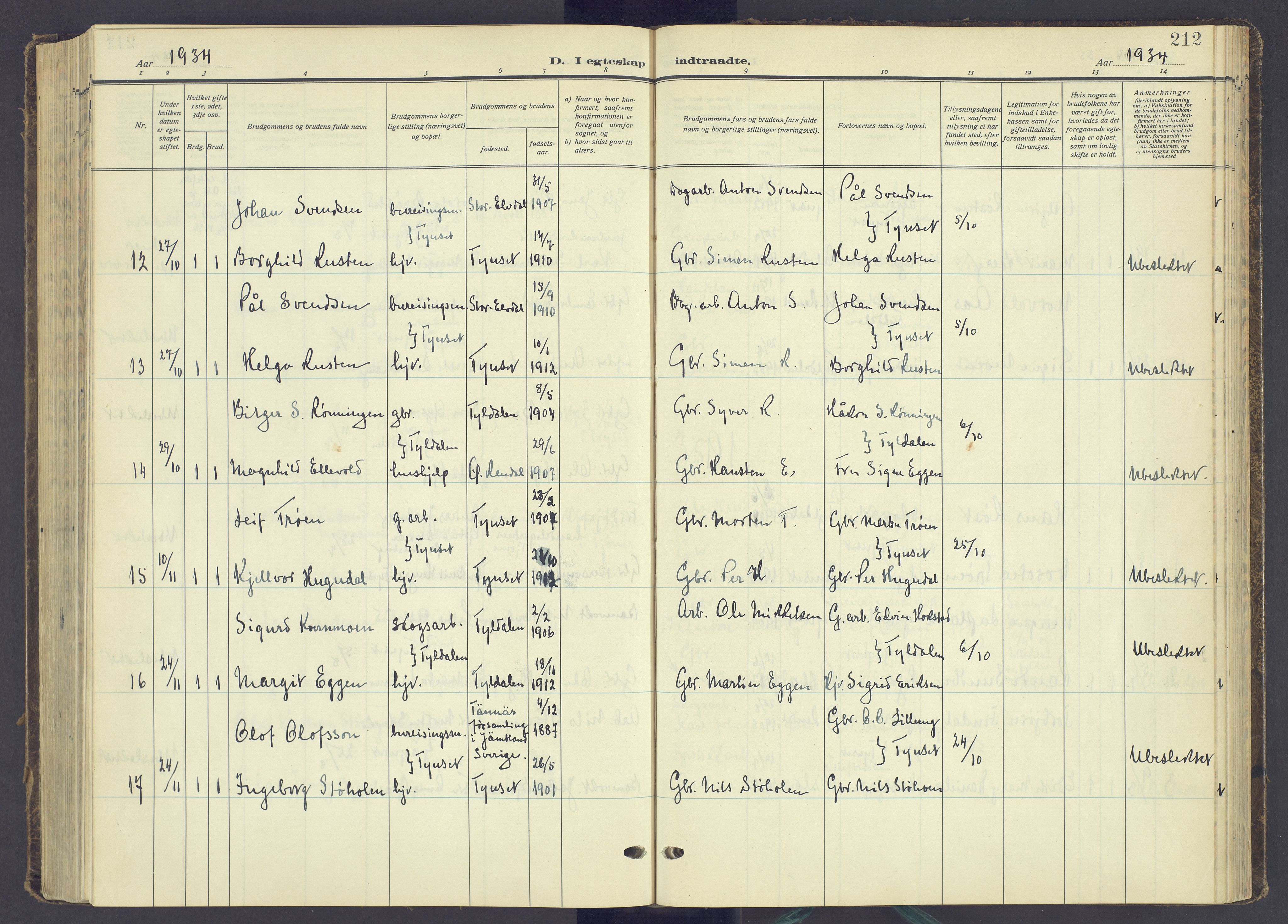 Tynset prestekontor, AV/SAH-PREST-058/H/Ha/Haa/L0027: Parish register (official) no. 27, 1930-1944, p. 212