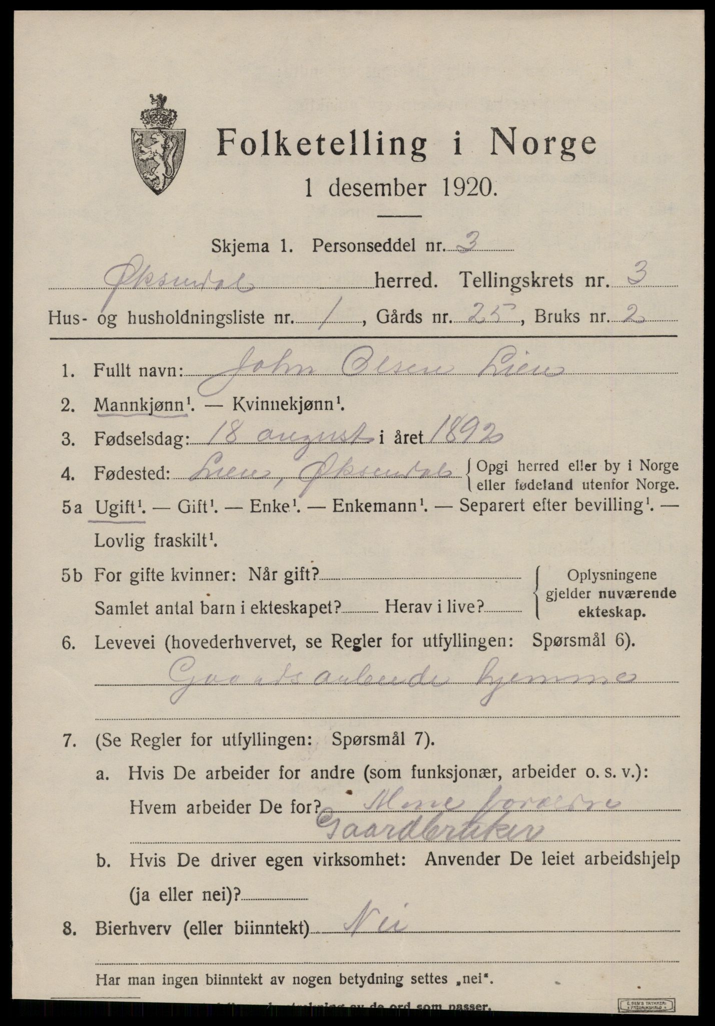 SAT, 1920 census for Øksendal, 1920, p. 1001