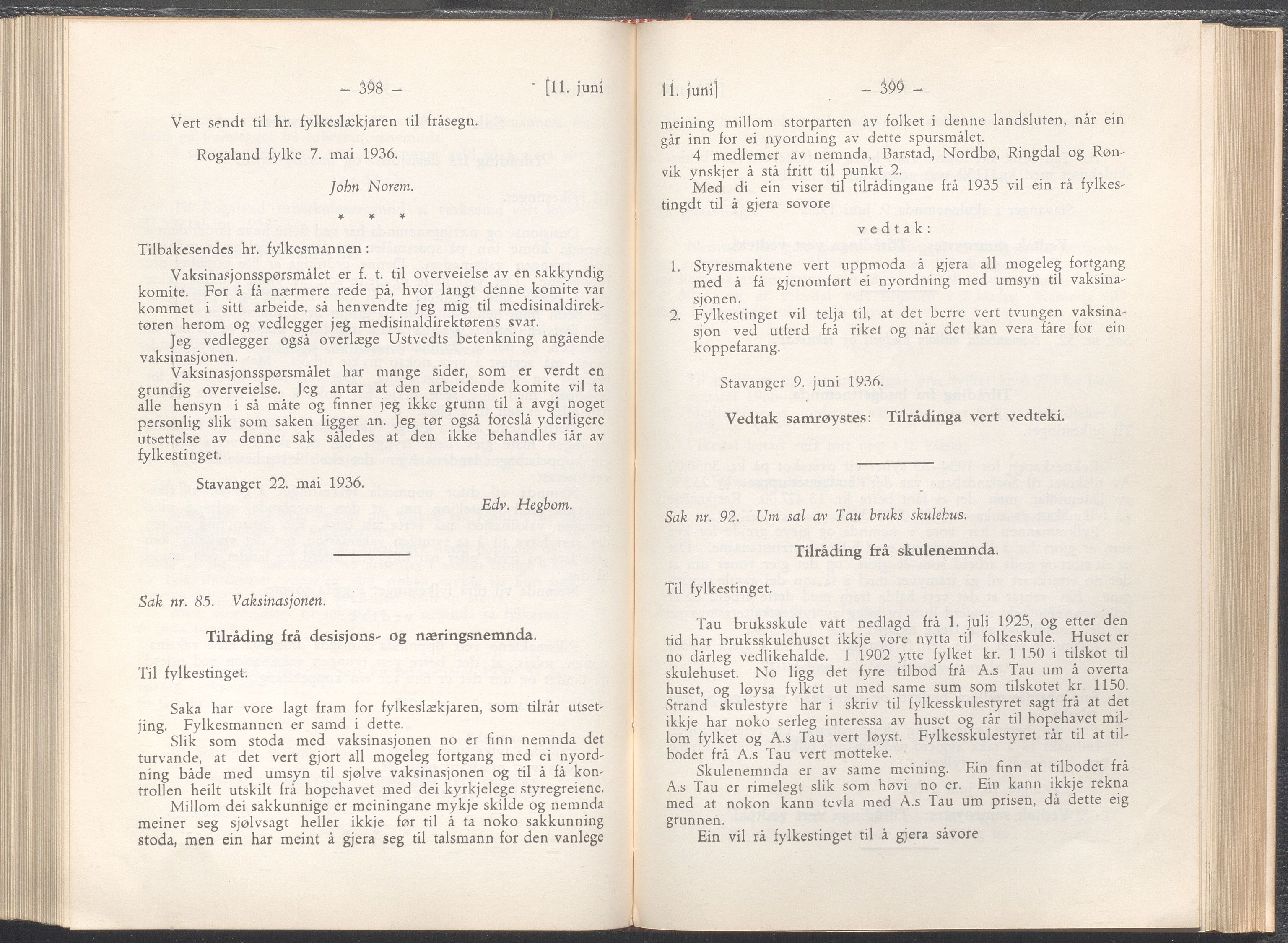 Rogaland fylkeskommune - Fylkesrådmannen , IKAR/A-900/A/Aa/Aaa/L0055: Møtebok , 1936, p. 398-399