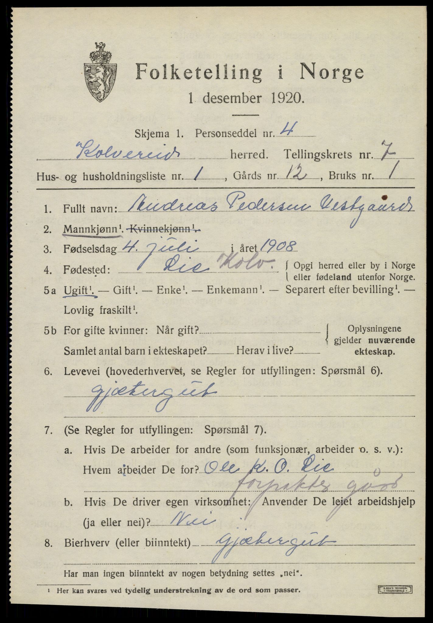 SAT, 1920 census for Kolvereid, 1920, p. 3939