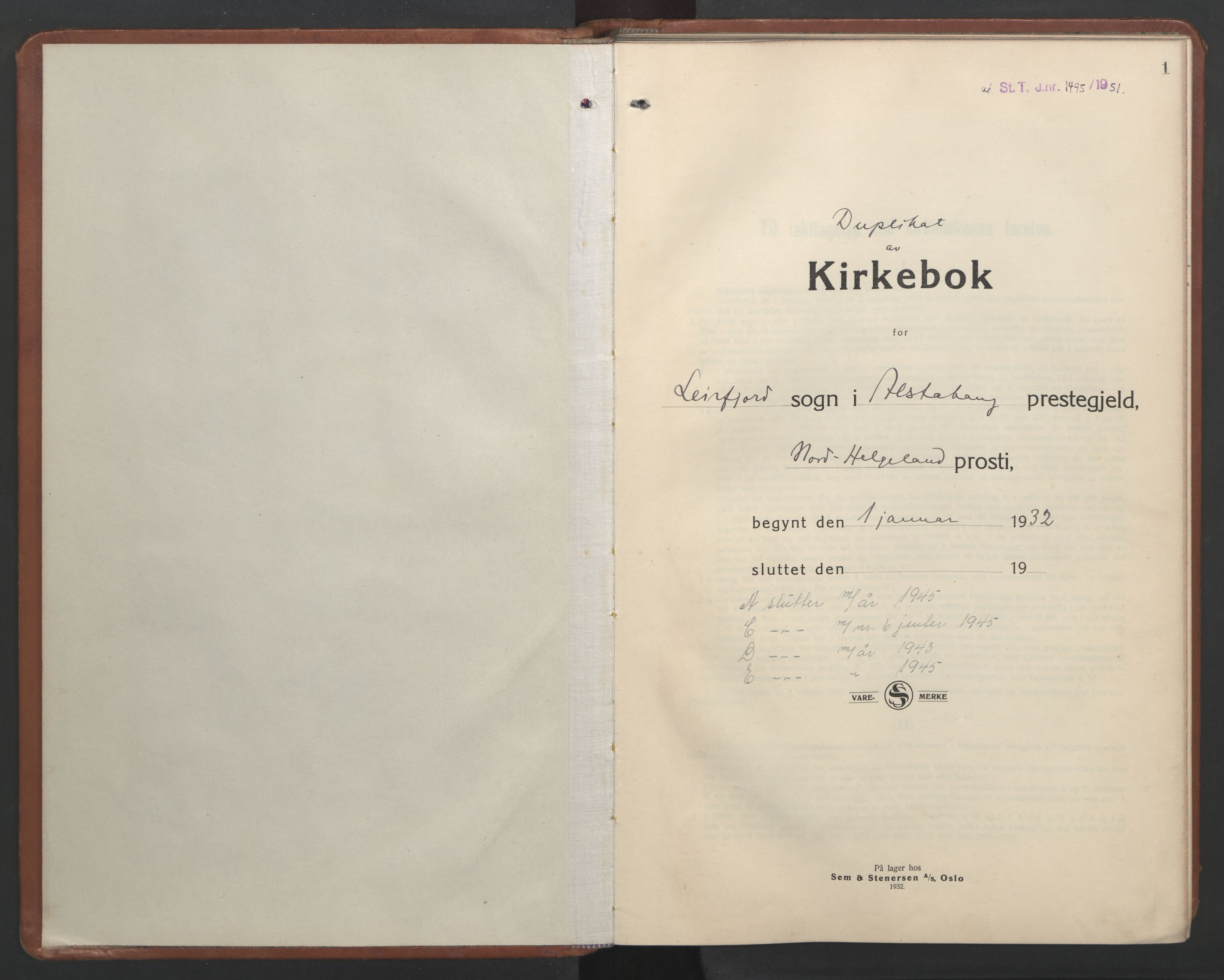 Ministerialprotokoller, klokkerbøker og fødselsregistre - Nordland, AV/SAT-A-1459/832/L0496: Parish register (copy) no. 832C03, 1932-1945, p. 1