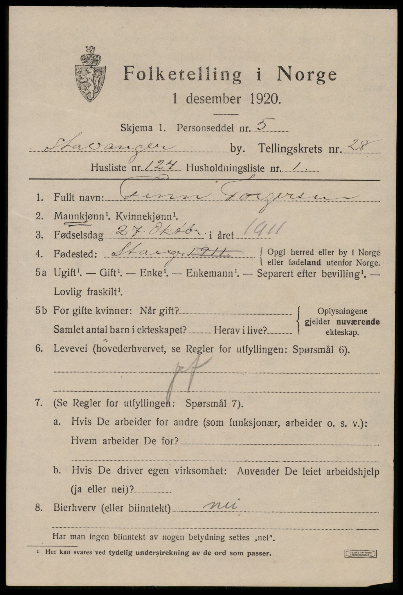 SAST, 1920 census for Stavanger, 1920, p. 82902