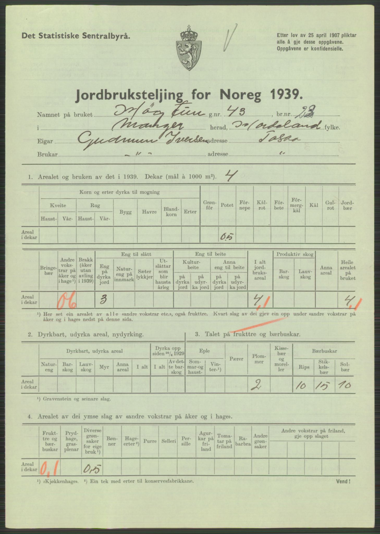 Statistisk sentralbyrå, Næringsøkonomiske emner, Jordbruk, skogbruk, jakt, fiske og fangst, AV/RA-S-2234/G/Gb/L0211: Hordaland: Herdla, Hjelme og Manger, 1939, p. 1443