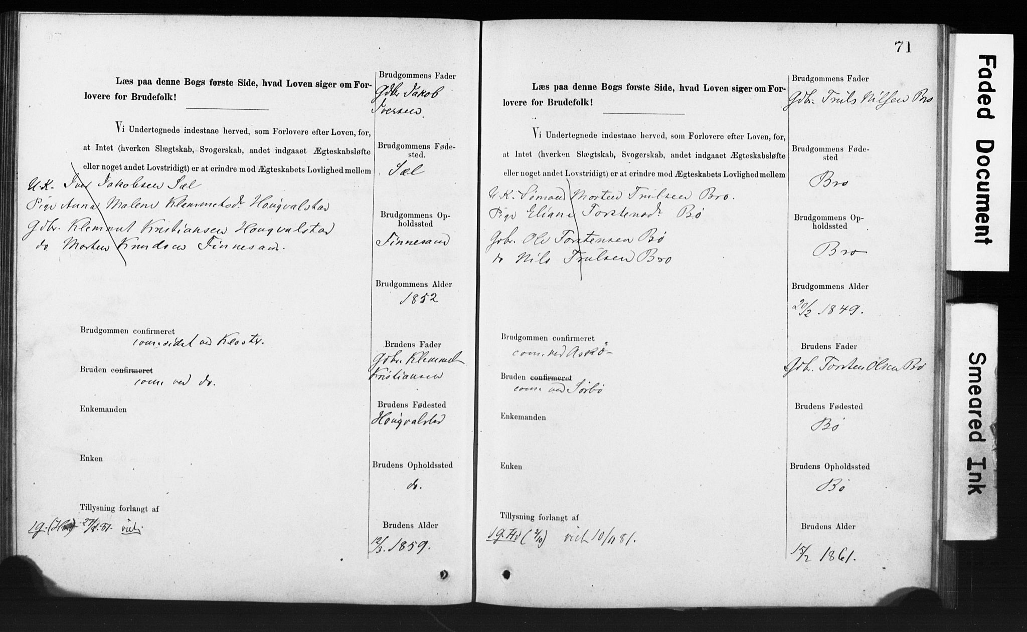 Rennesøy sokneprestkontor, SAST/A -101827/I/Ie/L0001: Banns register no. 1, 1873-1898, p. 71