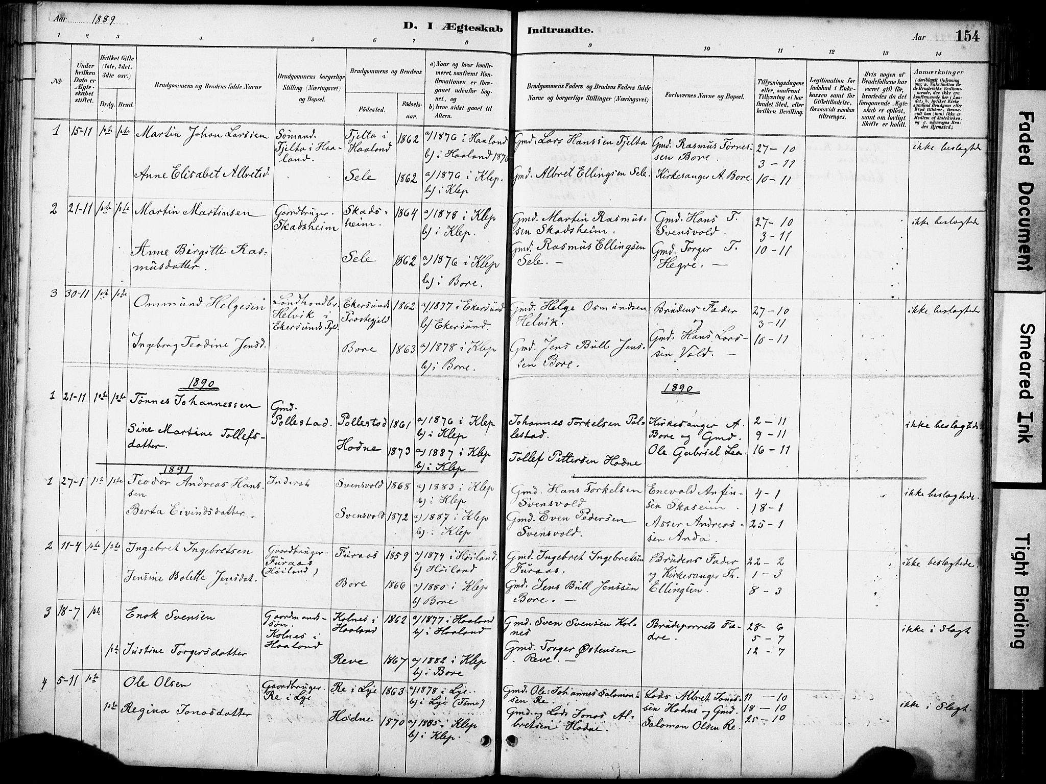 Klepp sokneprestkontor, SAST/A-101803/001/3/30BA/L0008: Parish register (official) no. A 9, 1886-1919, p. 154