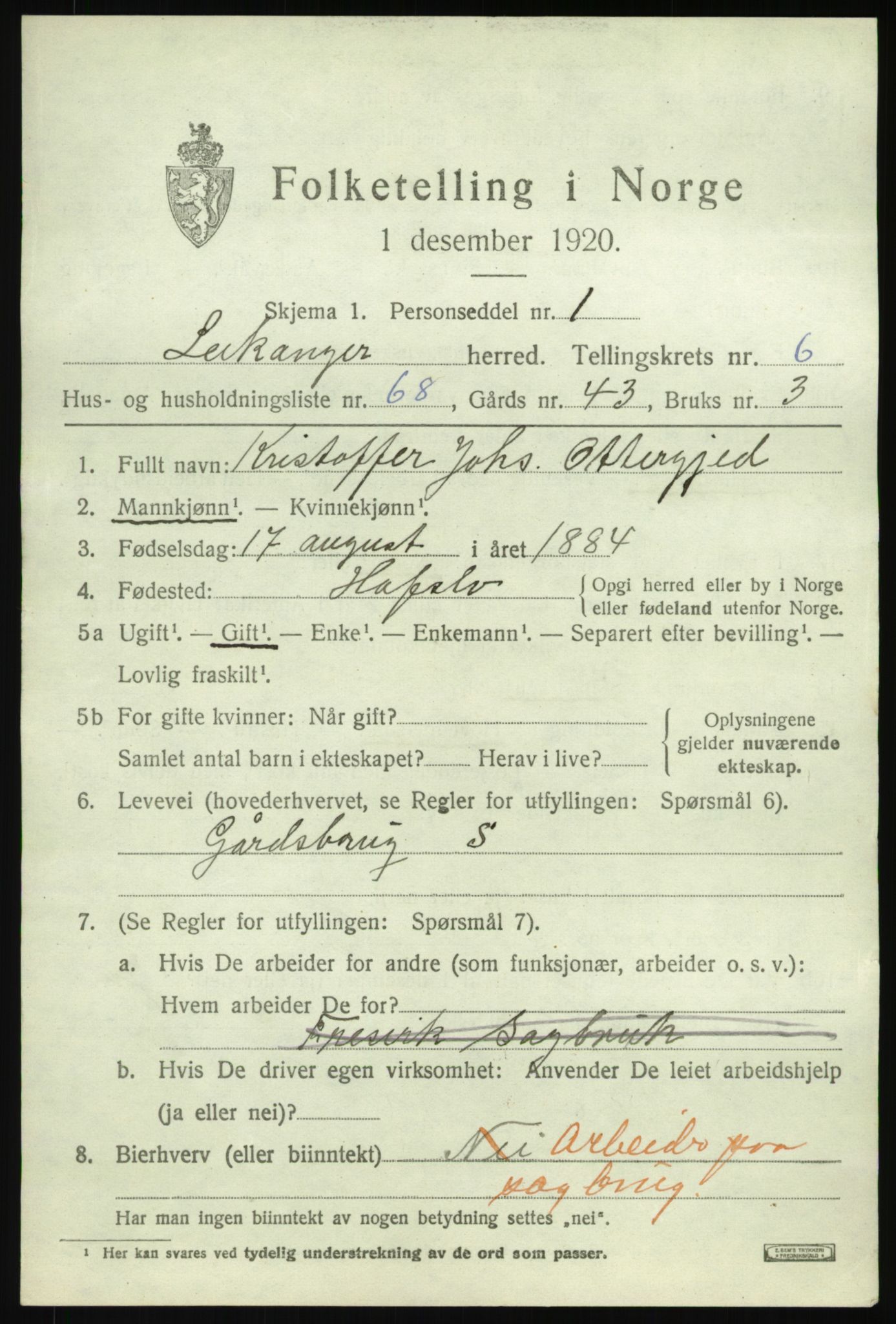 SAB, 1920 census for Leikanger, 1920, p. 4584