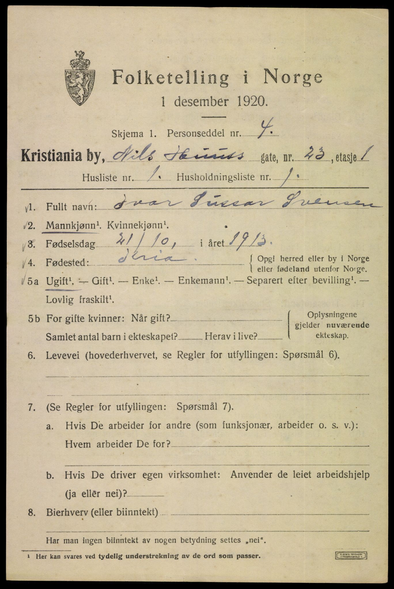 SAO, 1920 census for Kristiania, 1920, p. 414013