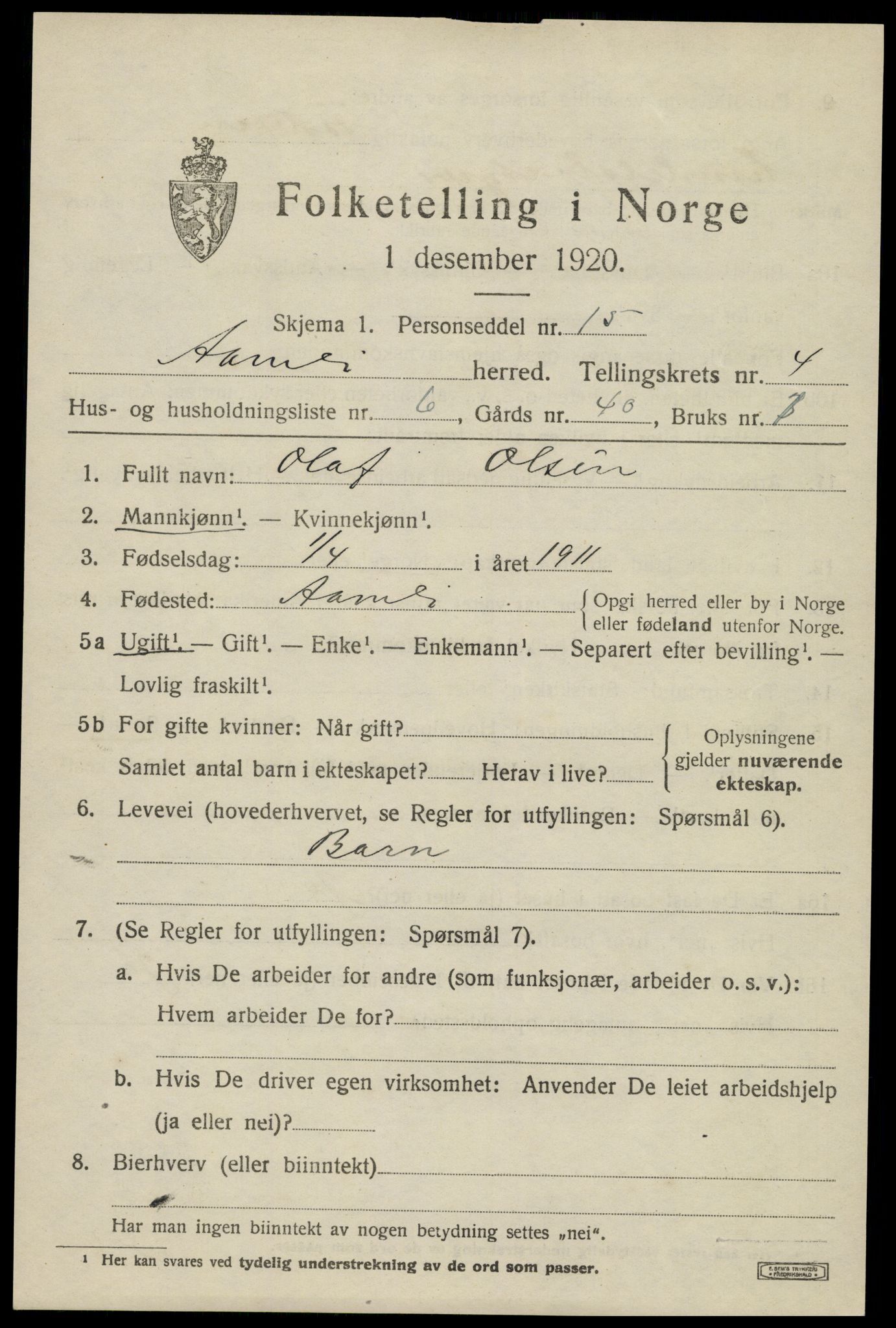 SAK, 1920 census for Åmli, 1920, p. 1945