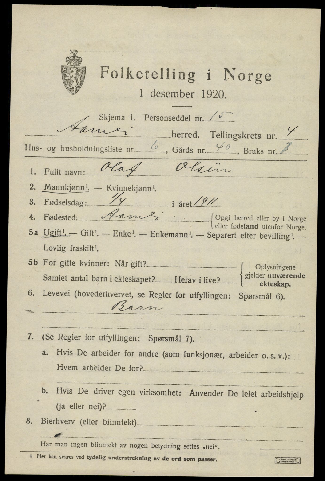 SAK, 1920 census for Åmli, 1920, p. 1945