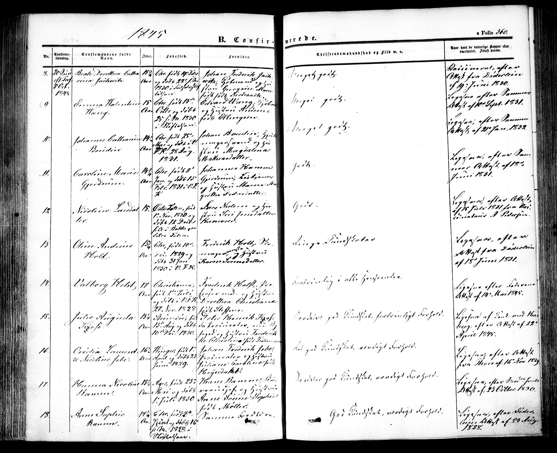 Oslo domkirke Kirkebøker, SAO/A-10752/F/Fa/L0013: Parish register (official) no. 13, 1844-1864, p. 360