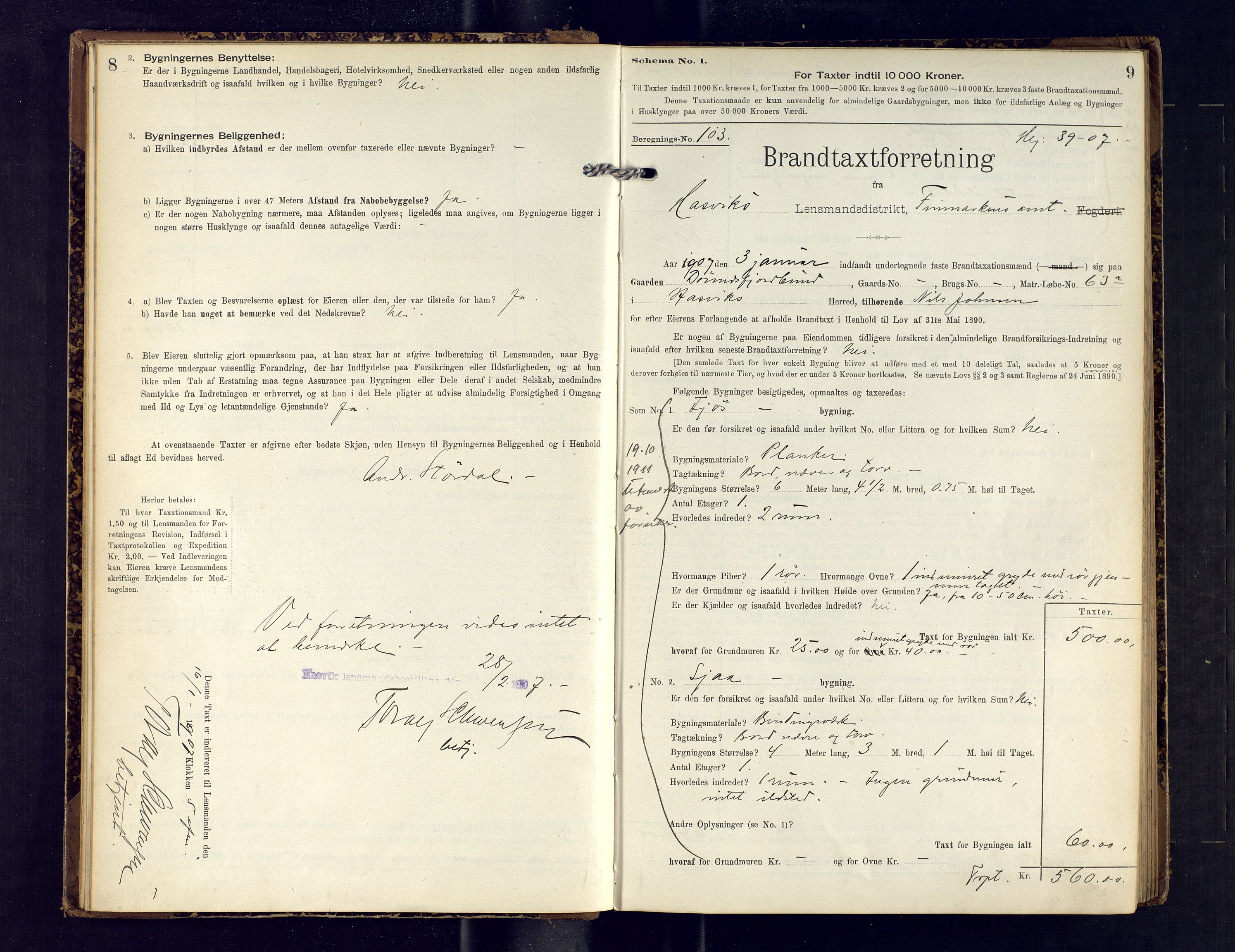 Hasvik lensmannskontor, AV/SATØ-SATO-164/Fob/L0003: Branntakstprotokoll, 1906-1910, p. 8-9