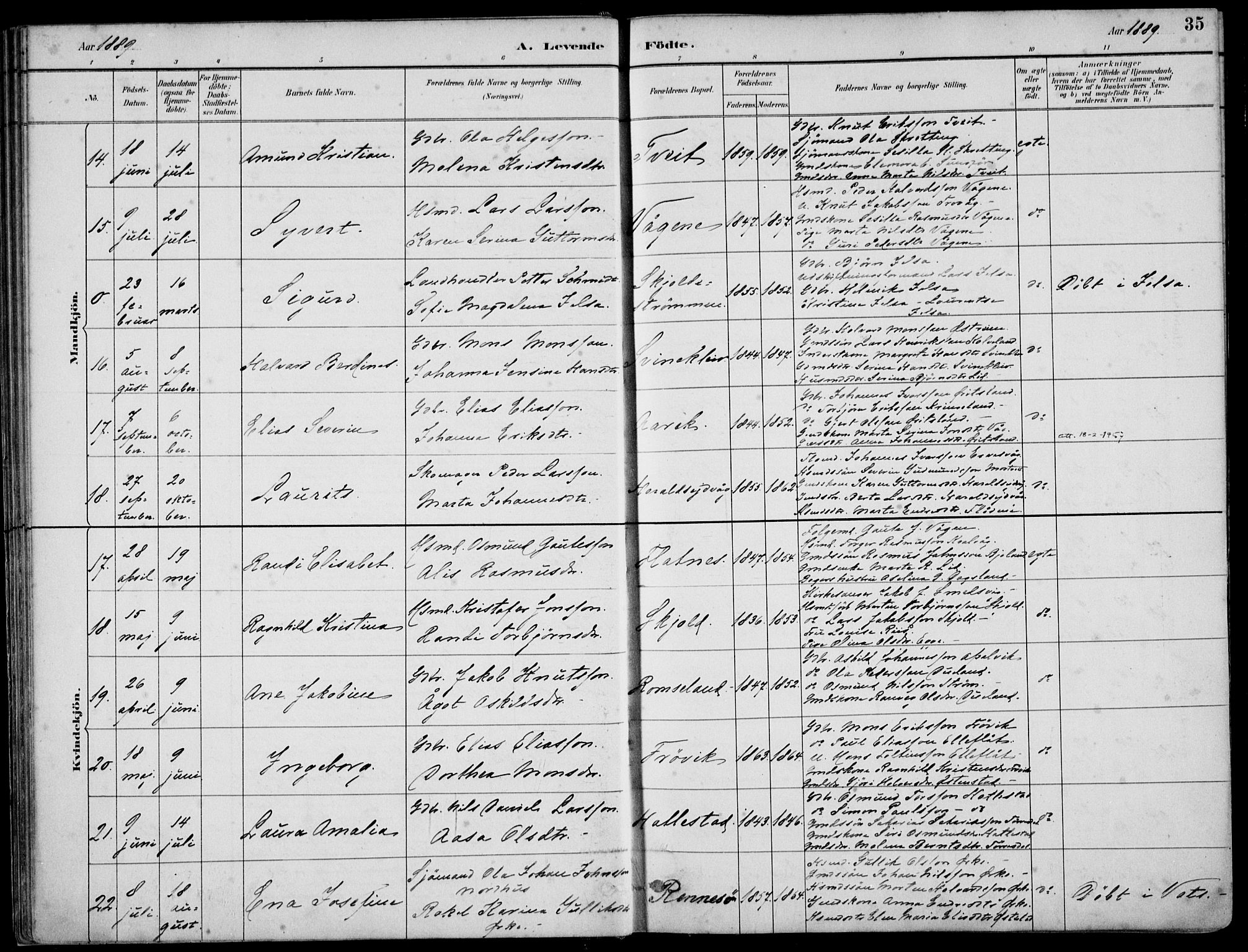 Skjold sokneprestkontor, AV/SAST-A-101847/H/Ha/Haa/L0010: Parish register (official) no. A 10, 1882-1897, p. 35