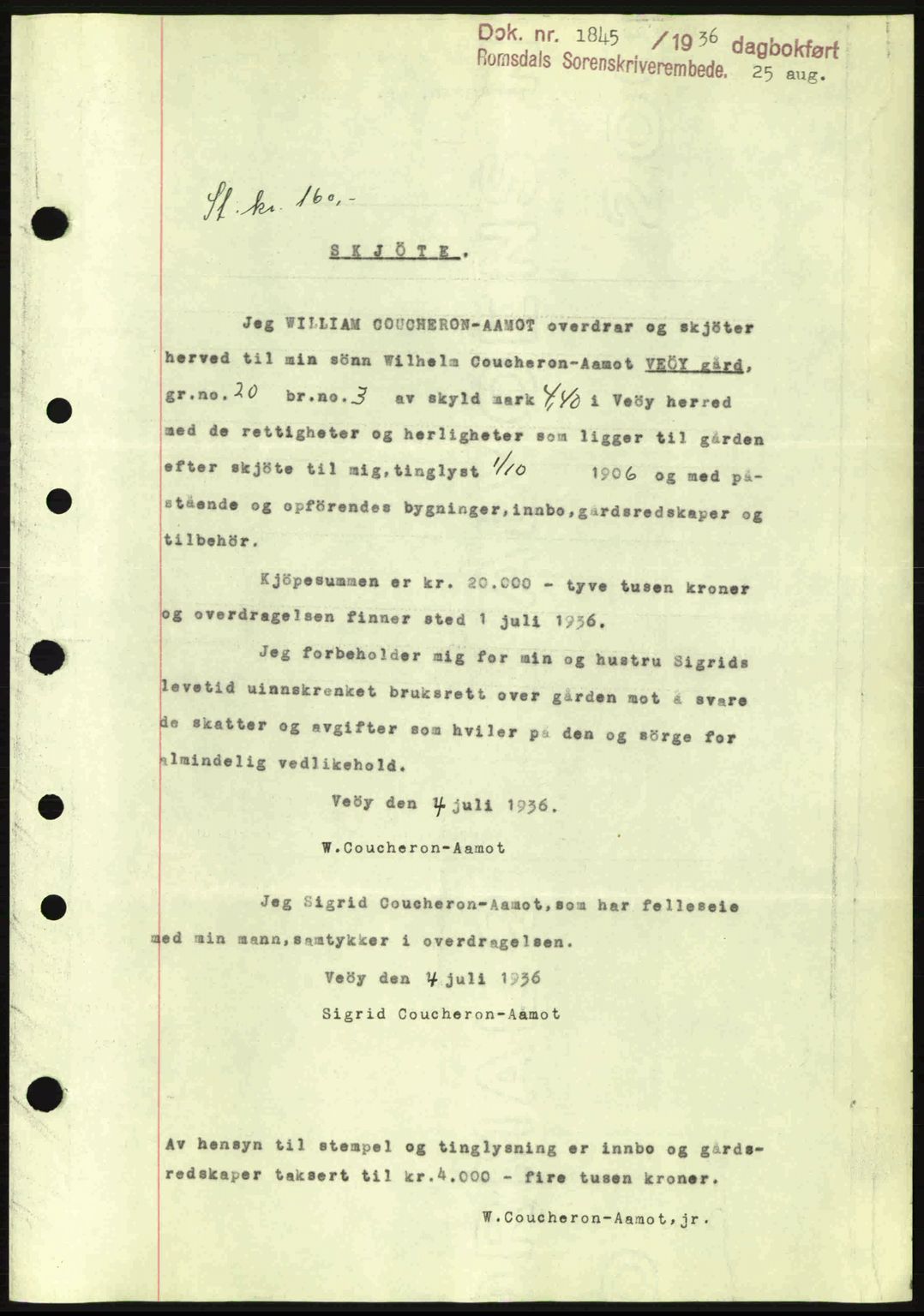 Romsdal sorenskriveri, AV/SAT-A-4149/1/2/2C: Mortgage book no. A1, 1936-1936, Diary no: : 1845/1936