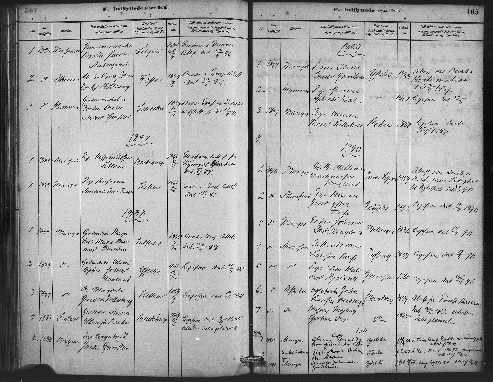 Lindås Sokneprestembete, SAB/A-76701/H/Haa: Parish register (official) no. E 1, 1886-1897, p. 105